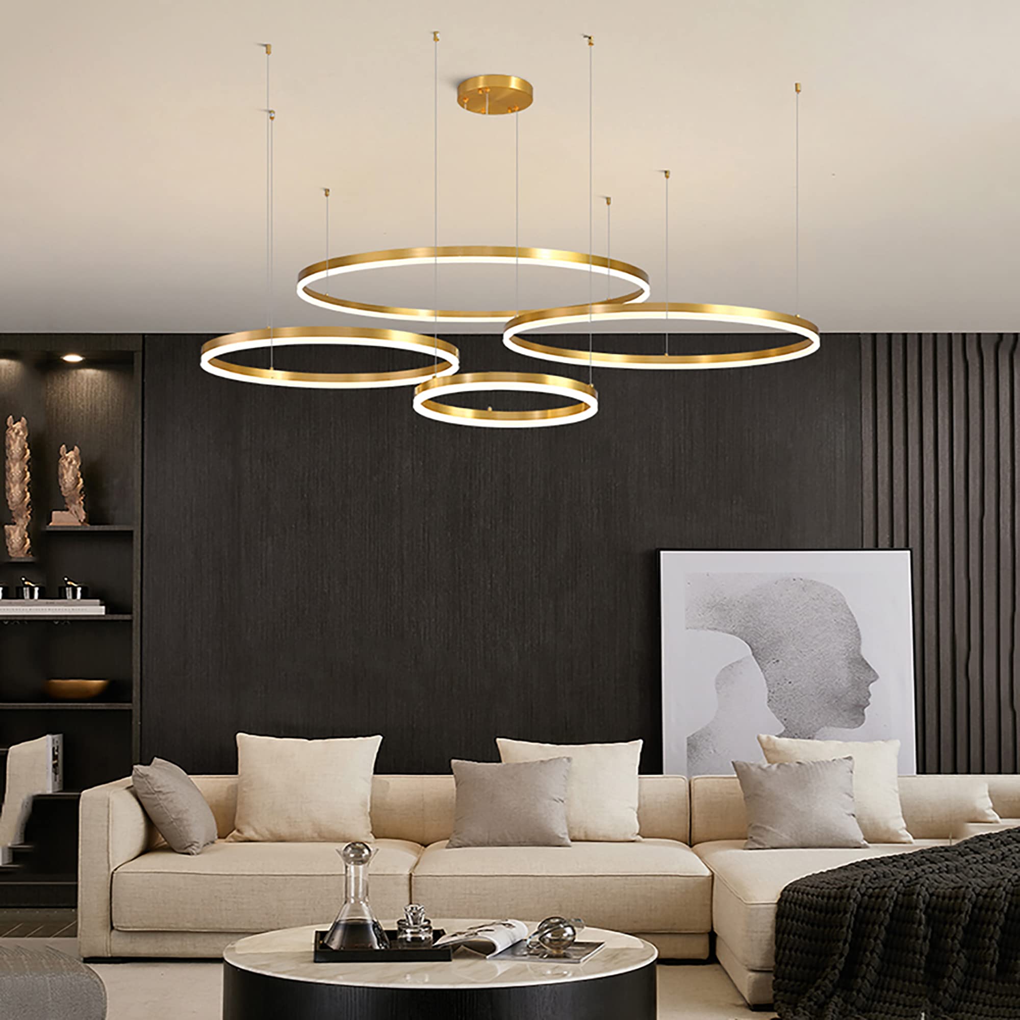 Gold Ring Chandelier LED Ceiling Light - Dimmable Geometric Circle Pendant Lighting Fixture for Living Room, Dining Room, Bedroom (20/40/60/80cm) | Modern Home Decor & Wedding Venue Lighting