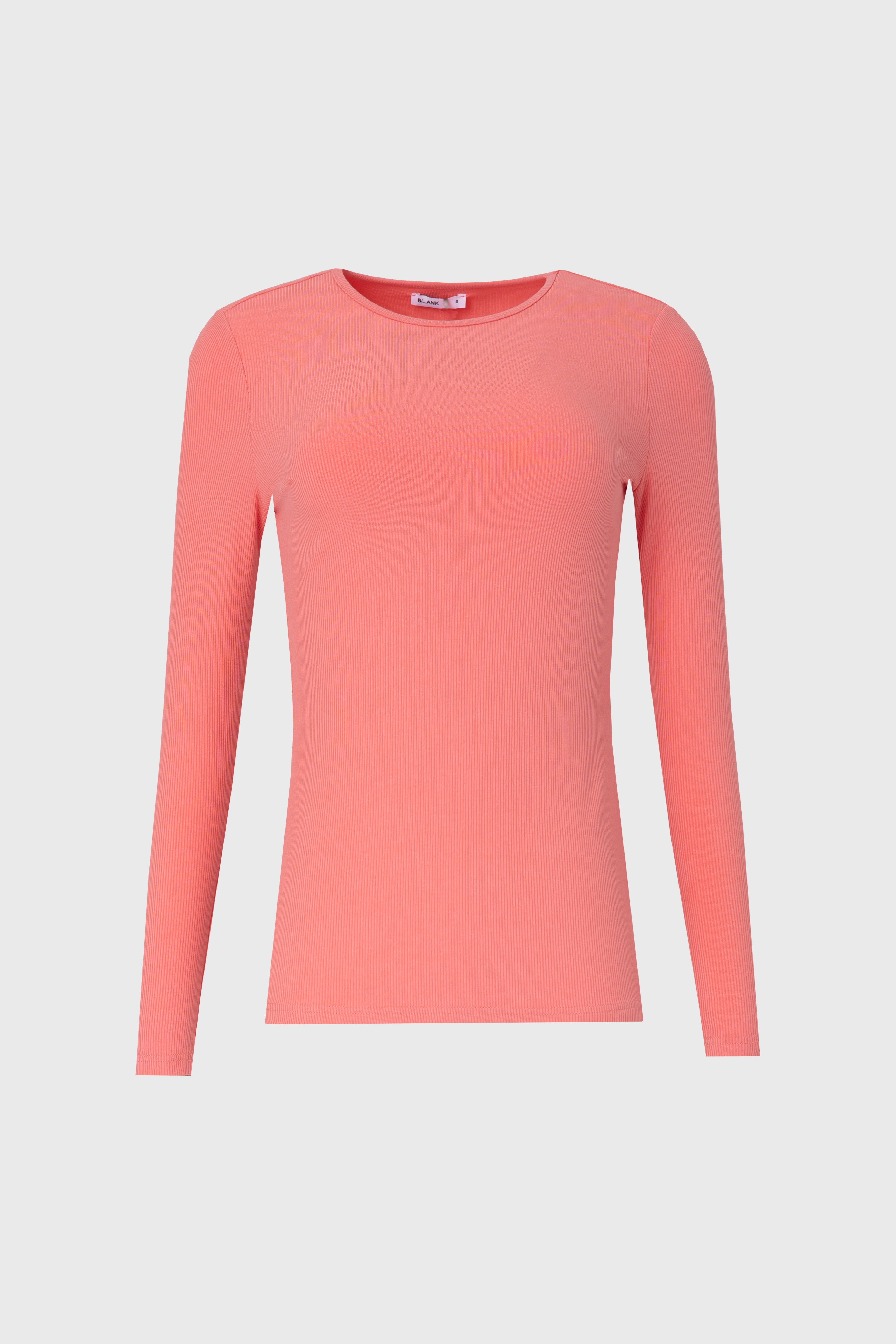 Coral Long Sleeve Ribbed T-Shirt for Women - Soft Stretch Cotton Blend Top for Casual Wear & Layering