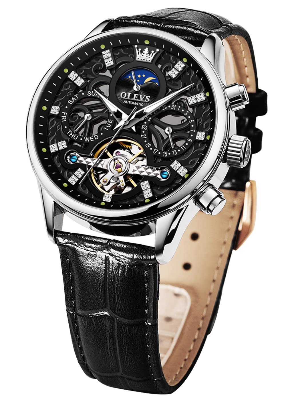 OLEVS Men's Automatic Skeleton Watch - Mechanical Dress & Casual Wristwatch with Moon Phase, Luminous Hands, Waterproof, Brown/Black Leather Strap - Perfect for Business, Formal Events & Everyday Wear