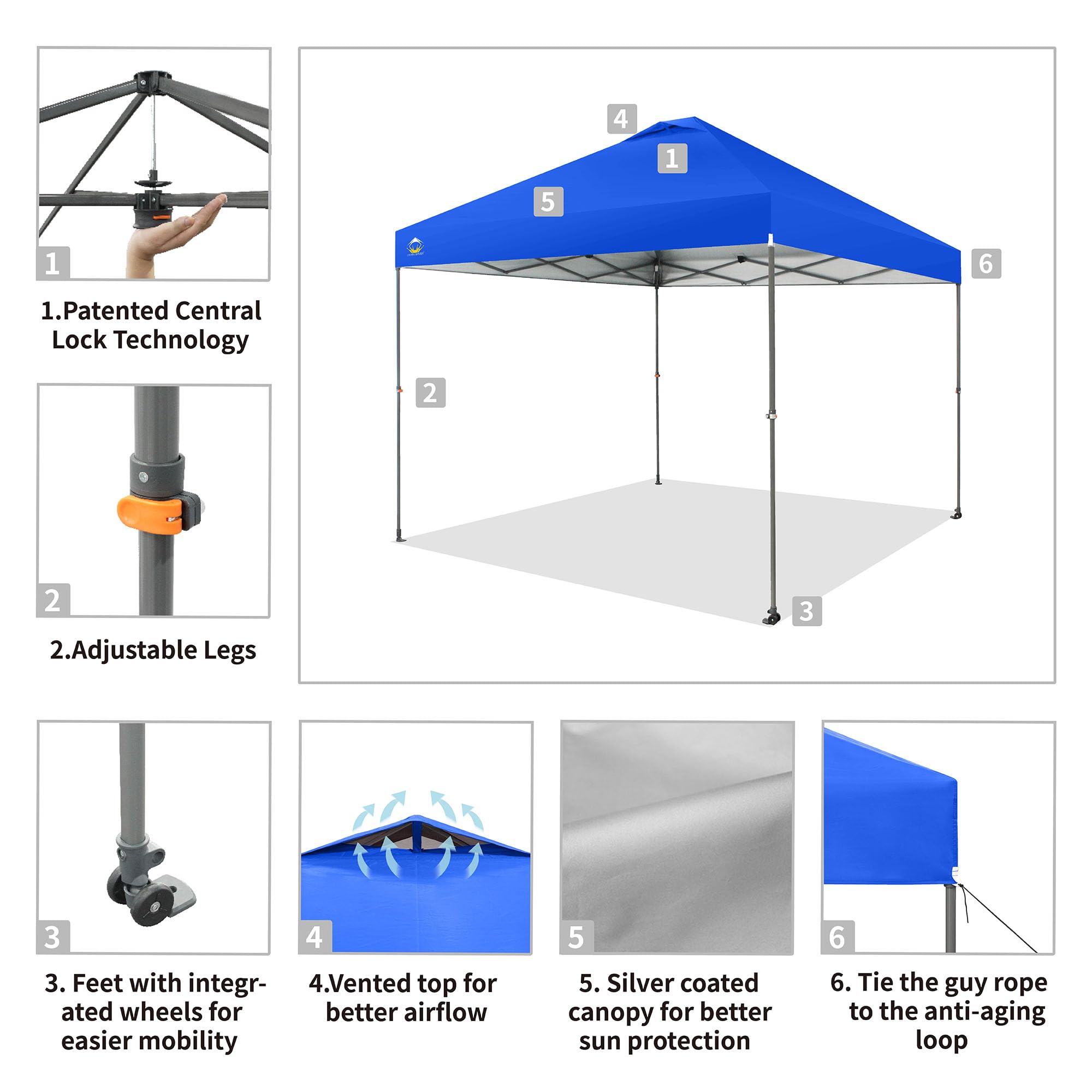 CROWN SHADES 10x10 Pop Up Canopy Tent - Adjustable Height Beach Shade with One Push Setup - Portable Outdoor Sun Shelter for Camping, Picnics, Backyard Parties - Includes STO-N-Go Carry Bag (Blue) | Perfect for Beach Days, Tailgating & Outdoor Events
