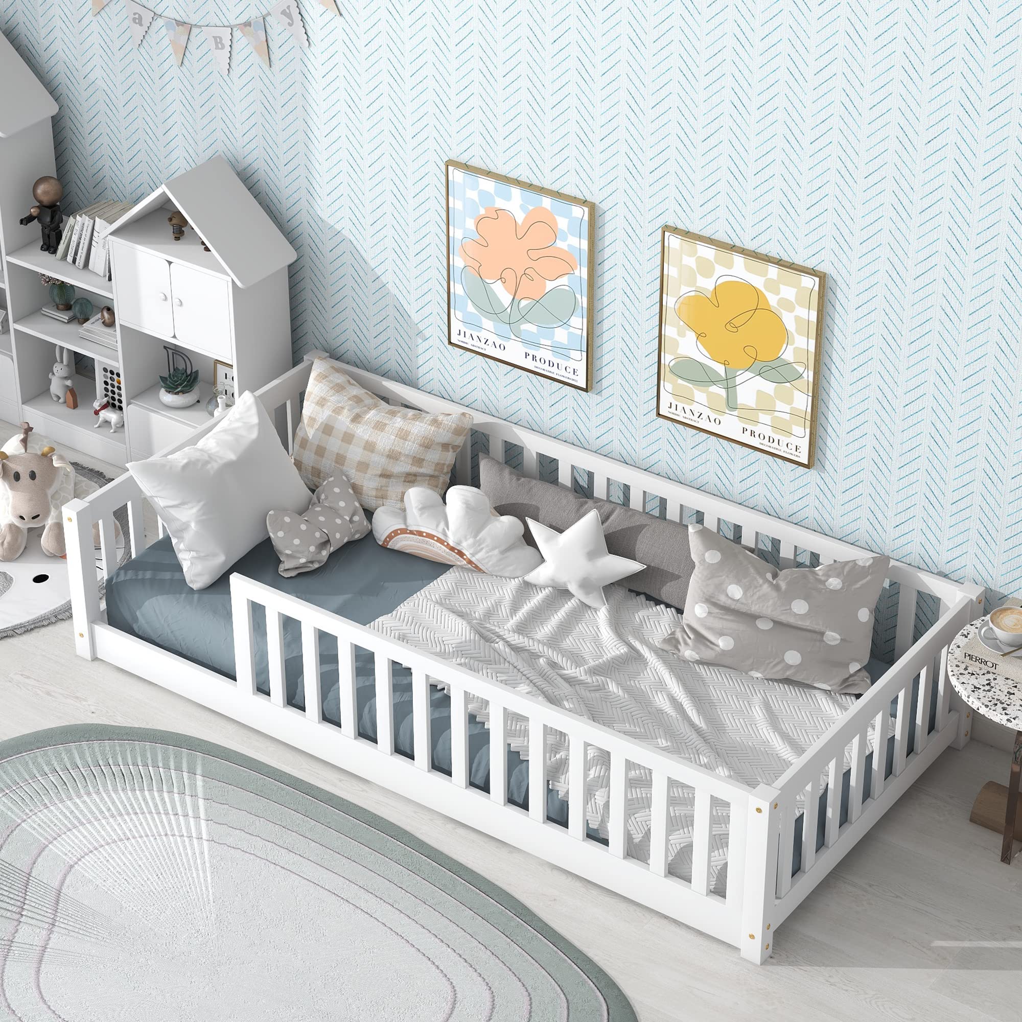 **MERITLINE Twin Size Wooden Floor Bed Frame for Kids with Safety Fence - Montessori Style No-Door Toddler Bed for Ages 6+ - Easy Assembly, No Box Spring Required (White) - Perfect for Montessori Bedrooms, Daycare, or Playrooms**