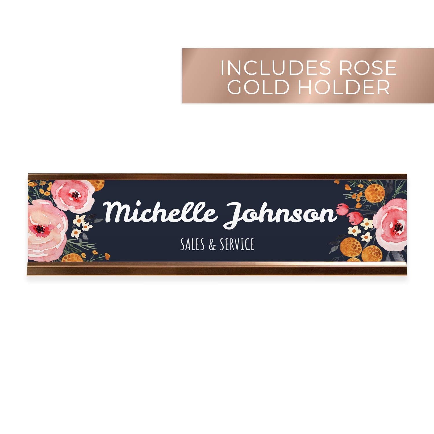 Custom Floral Name Plate with Rose Gold Metal Holder - Personalized 8