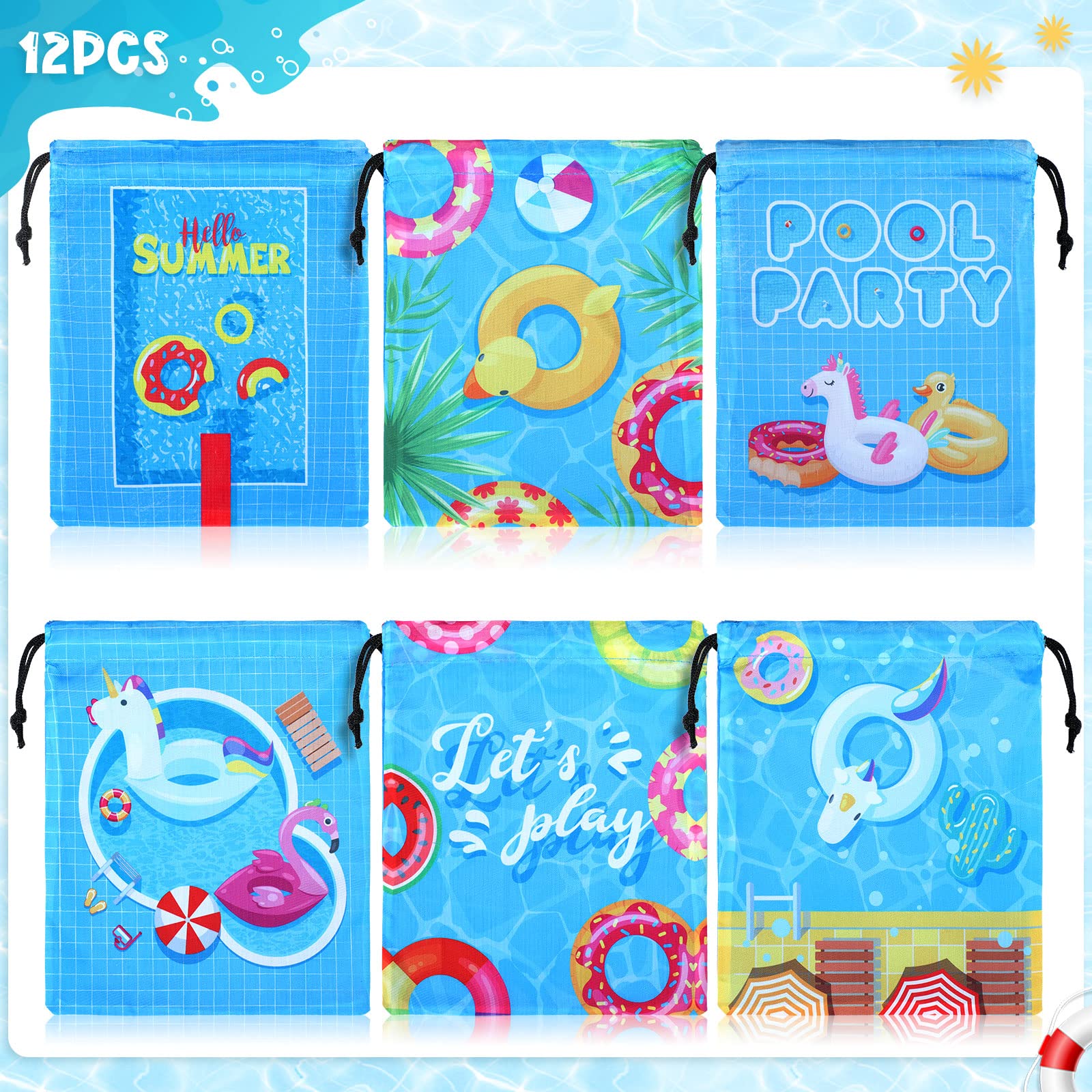 12 Pack Drawstring Beach Bags - Tropical Shark Theme Party Favors, Pool Party Supplies for Summer, Kids Goodie Bags - Perfect for Beach Outings, Poolside Gatherings & Summer Celebrations