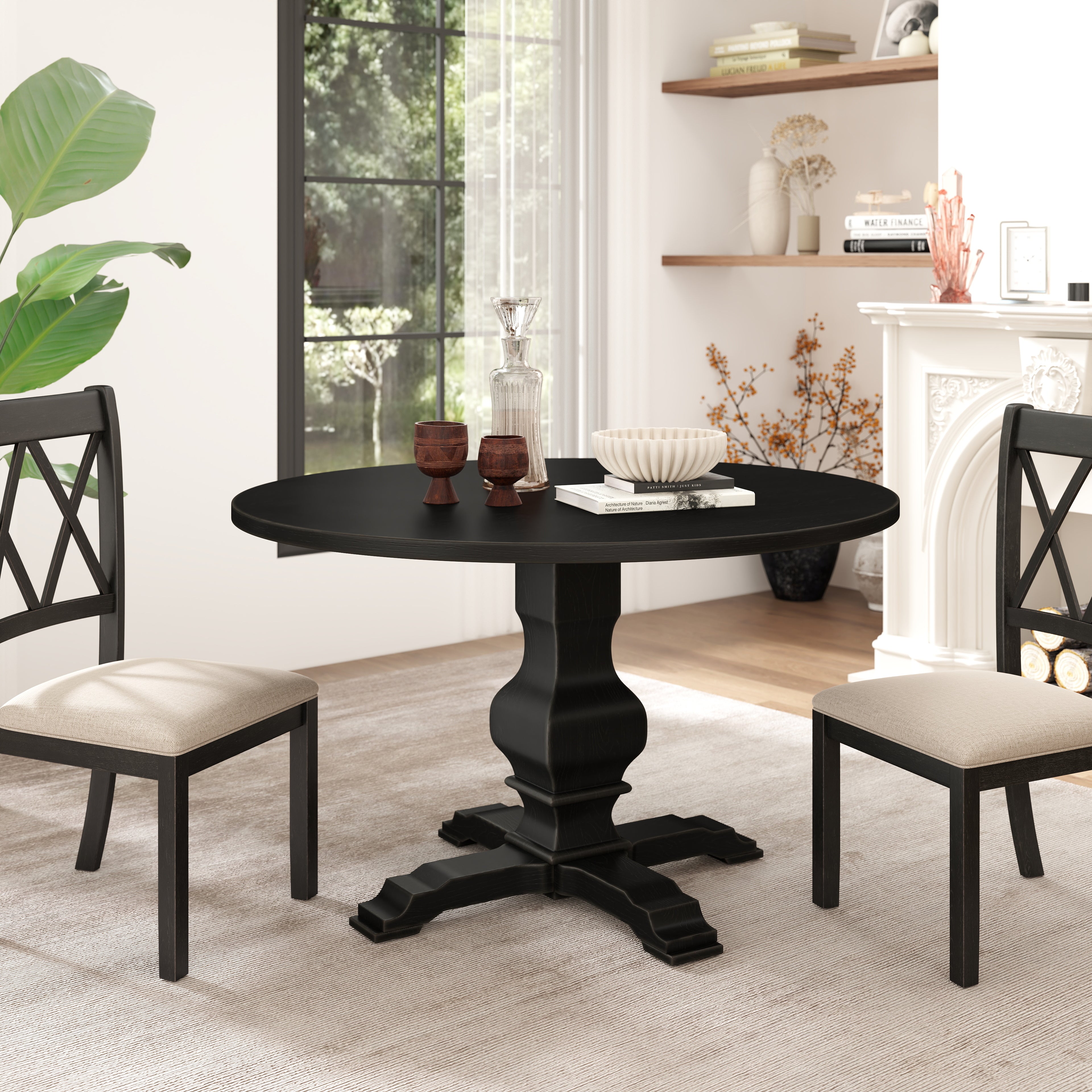 Roundhill Furniture Havre Solid Wood Pedestal Round Dining Table - 42 Inch Farmhouse Style for Kitchen, Dining Room & Small Spaces