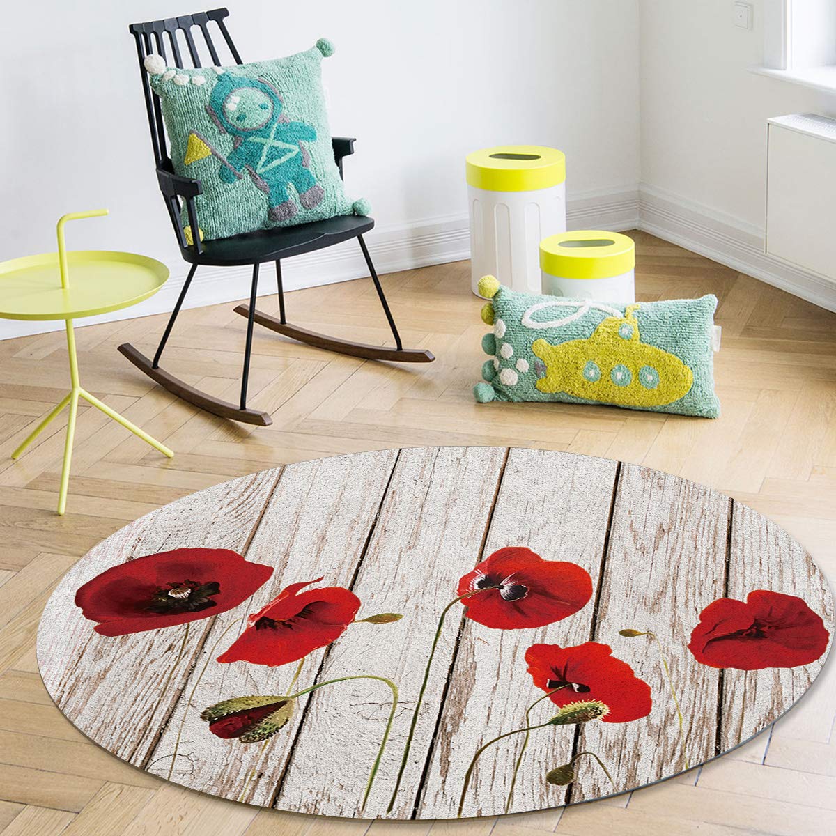 Large 4ft Round Area Rug - Non-Slip Red Poppies Floral Design with Retro Wooden Stripes, Washable Floor Mat for Bedroom, Living Room & Kids Room | Perfect for Home Decor, Nursery & High Traffic Areas