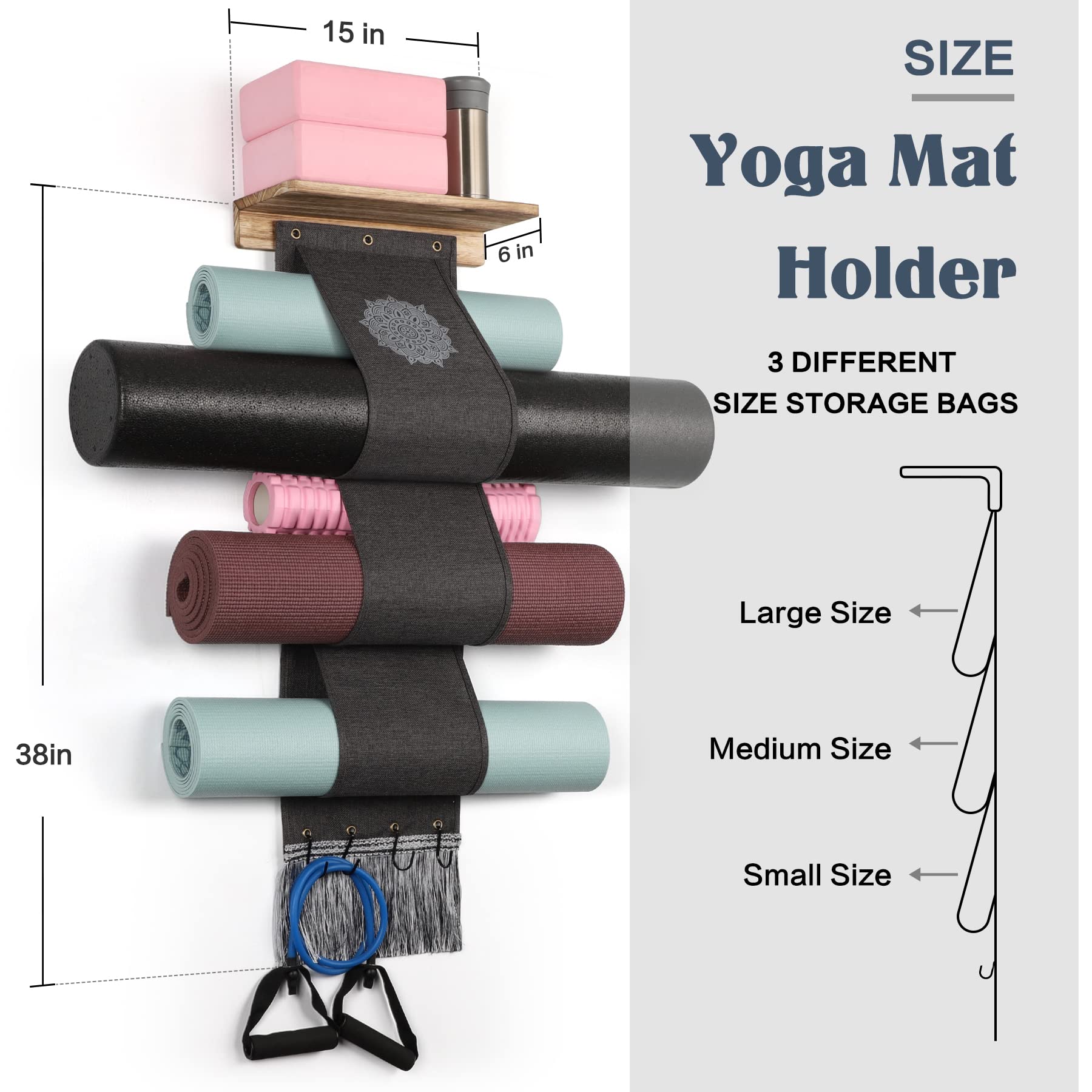 Premium Yoga Mat Holder Wall Mount Organizer - 4 Hooks & Wooden Shelves for Foam Rollers, Towels & Resistance Bands - Space-Saving Home Gym, Yoga Studio & Office Storage Solution