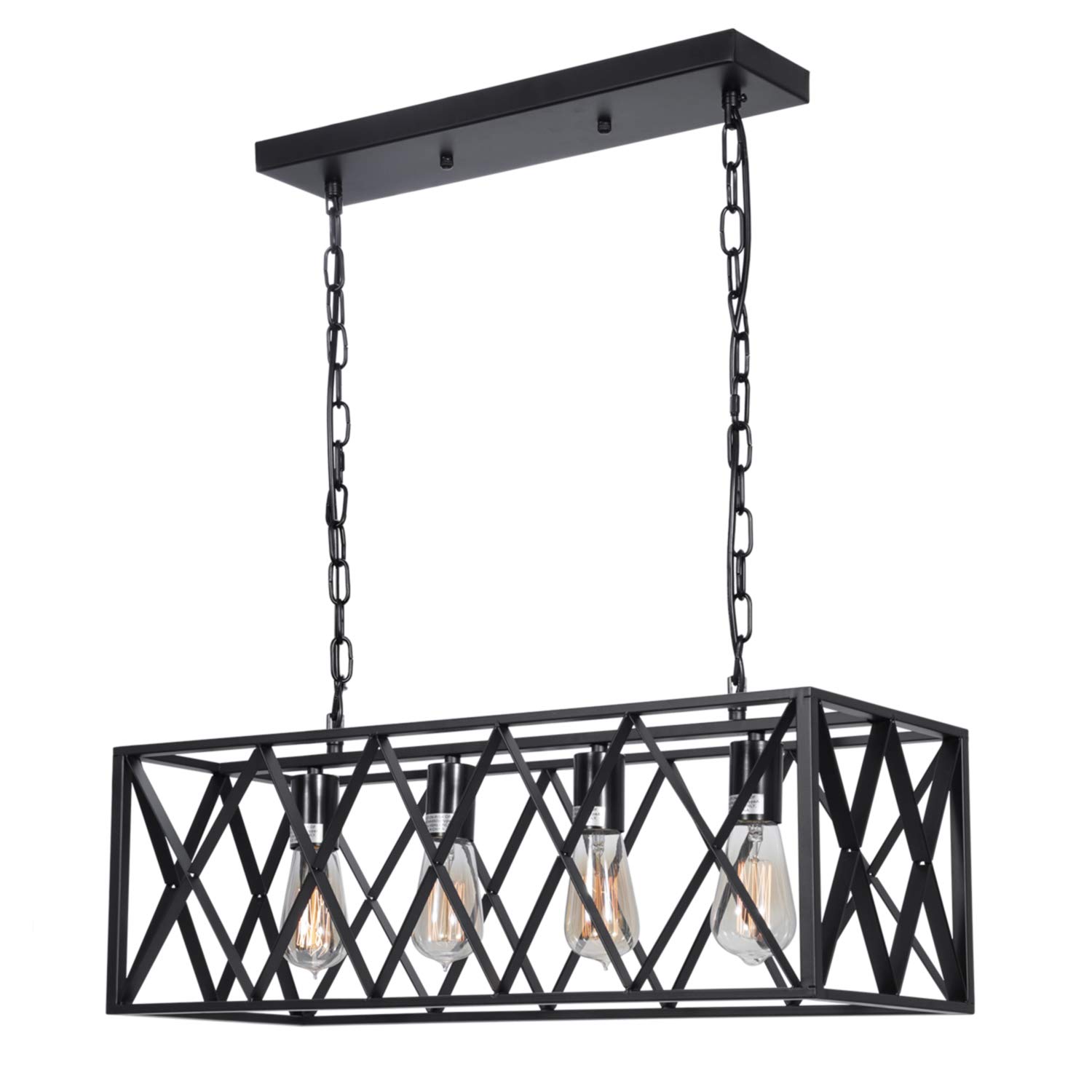 Vintage Industrial 4-Light Rectangular Pendant Lighting - Black Metal Farmhouse Chandelier with E26 Socket - Rustic Ceiling Light Fixture for Kitchen Island, Dining Room, Restaurant, Bar & Cafe - Perfect for Farmhouse Decor, Commercial Spaces and Home Dining Areas