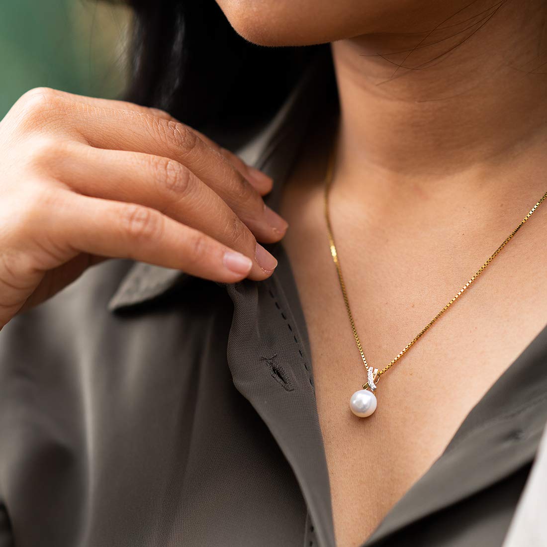 PEORA 14K Yellow Gold Freshwater Cultured White Pearl Pendant Necklace - 9mm Round Button Pearl with Open Infinity Solitaire Design, Elegant Bridal Jewelry for Weddings, Bridesmaids & Special Occasions