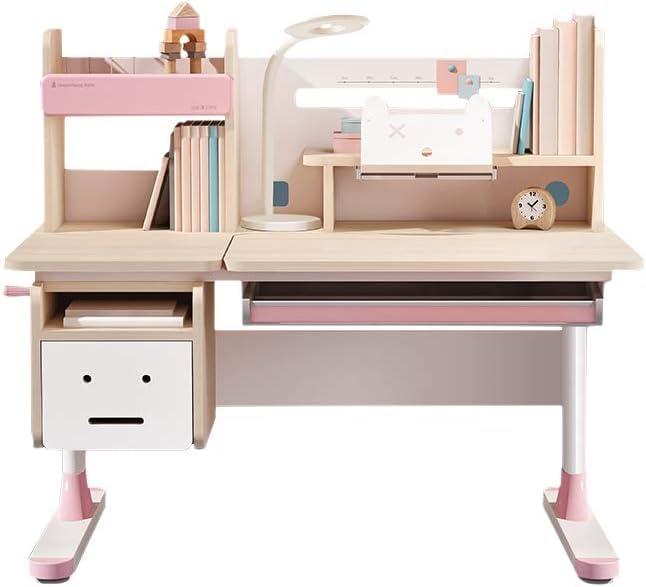 Ergonomic Adjustable Height Kids Study Desk with Tiltable Desktop, Tablet Stand & Storage Drawers - Pink Wooden Children's Writing & Reading Table (Chair Not Included) - Perfect for Homeschooling, Online Learning & Bedroom Study Spaces