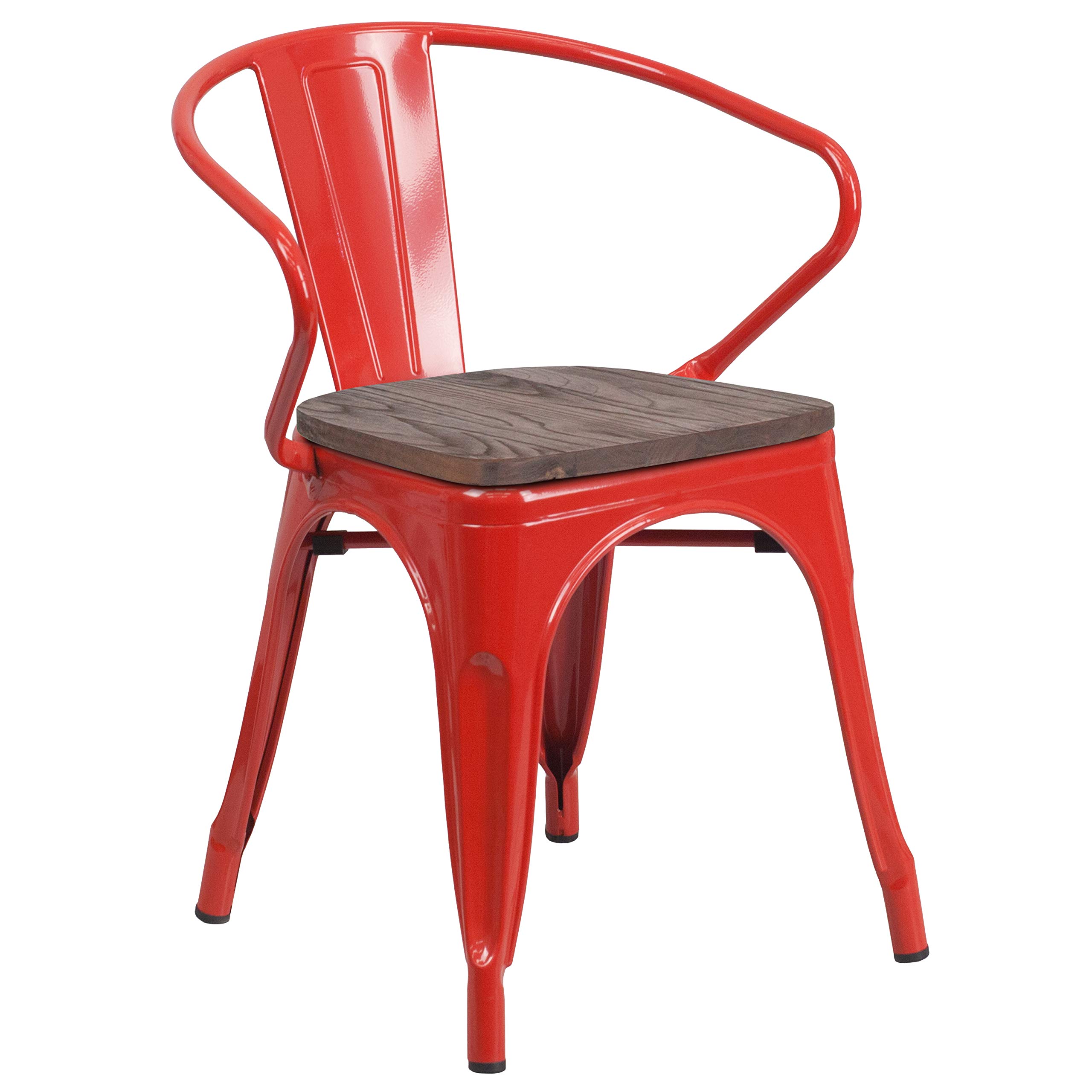 4 Pack Red Metal Chairs with Wooden Seats & Arms - Durable Restaurant & Cafe Furniture for Indoor & Outdoor Dining, Patio, Bistro, and Home Decor
