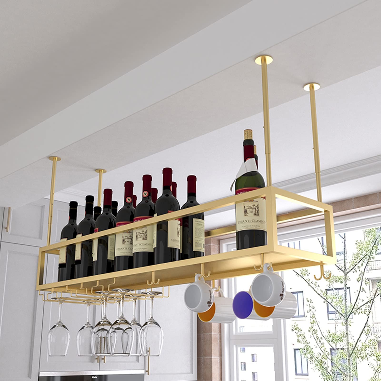 Premium Ceiling Hanging Wine Rack - Metal Under Cabinet Storage Shelf for Wine Bottles & Glass Goblets (80x25x21cm) - Perfect for Kitchen, Bar, Dining Room & Home Decor