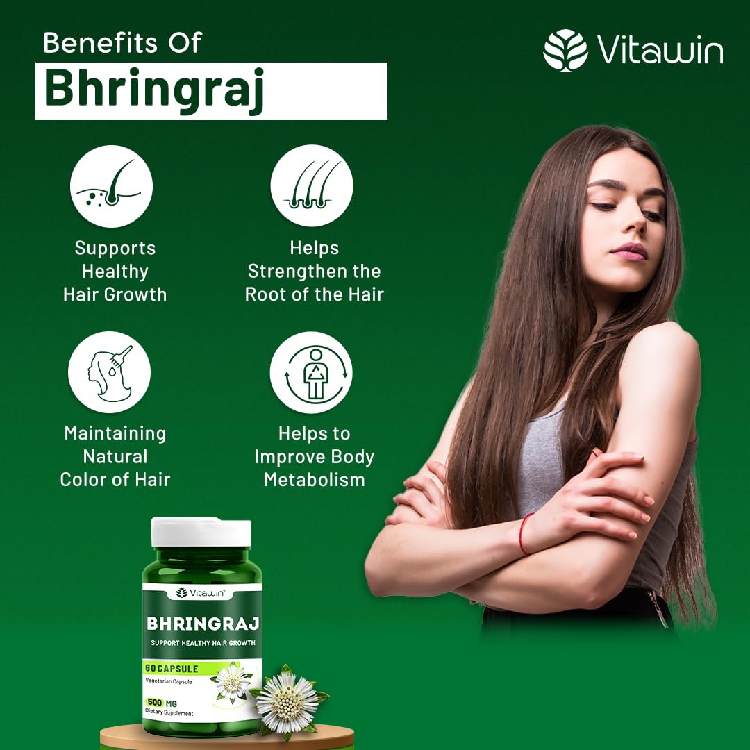 VitaWin Bhringraj Hair Growth Supplement - 500mg Natural Herbal Capsules for Healthy Hair (60 Count, Vegan) | Promotes Thicker, Stronger Hair Growth for Men & Women | Perfect for Daily Hair Care Routine & Ayurvedic Wellness