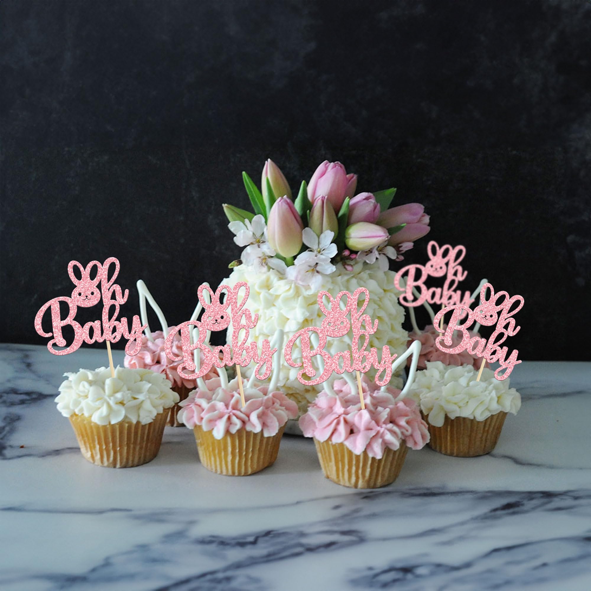 24 Pack Easter Bunny Cupcake Toppers - Pink Glitter Happy Easter Cake Decorations for Baby Shower, Spring Birthday & Easter Party (Oh Baby Theme) - Perfect for Dessert Table, DIY Baking & Holiday Celebrations