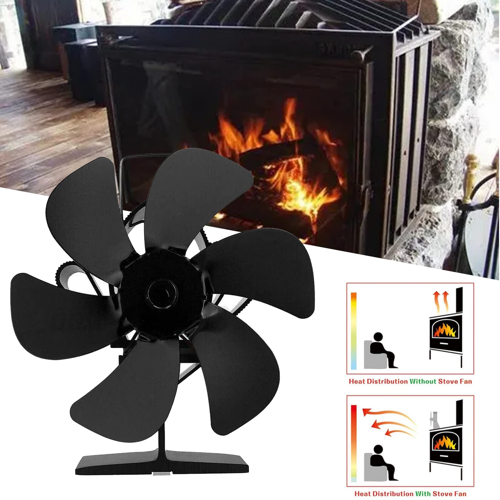 Eco-Friendly Silent Heat Powered Stove Fan - 6-Blade Aluminum Alloy Fireplace Fan for Wood Burning Stove & Log Burner - Perfect for Large Room Heating & Energy Efficiency - Ideal for Cozy Winter Nights & Cabin Heating
