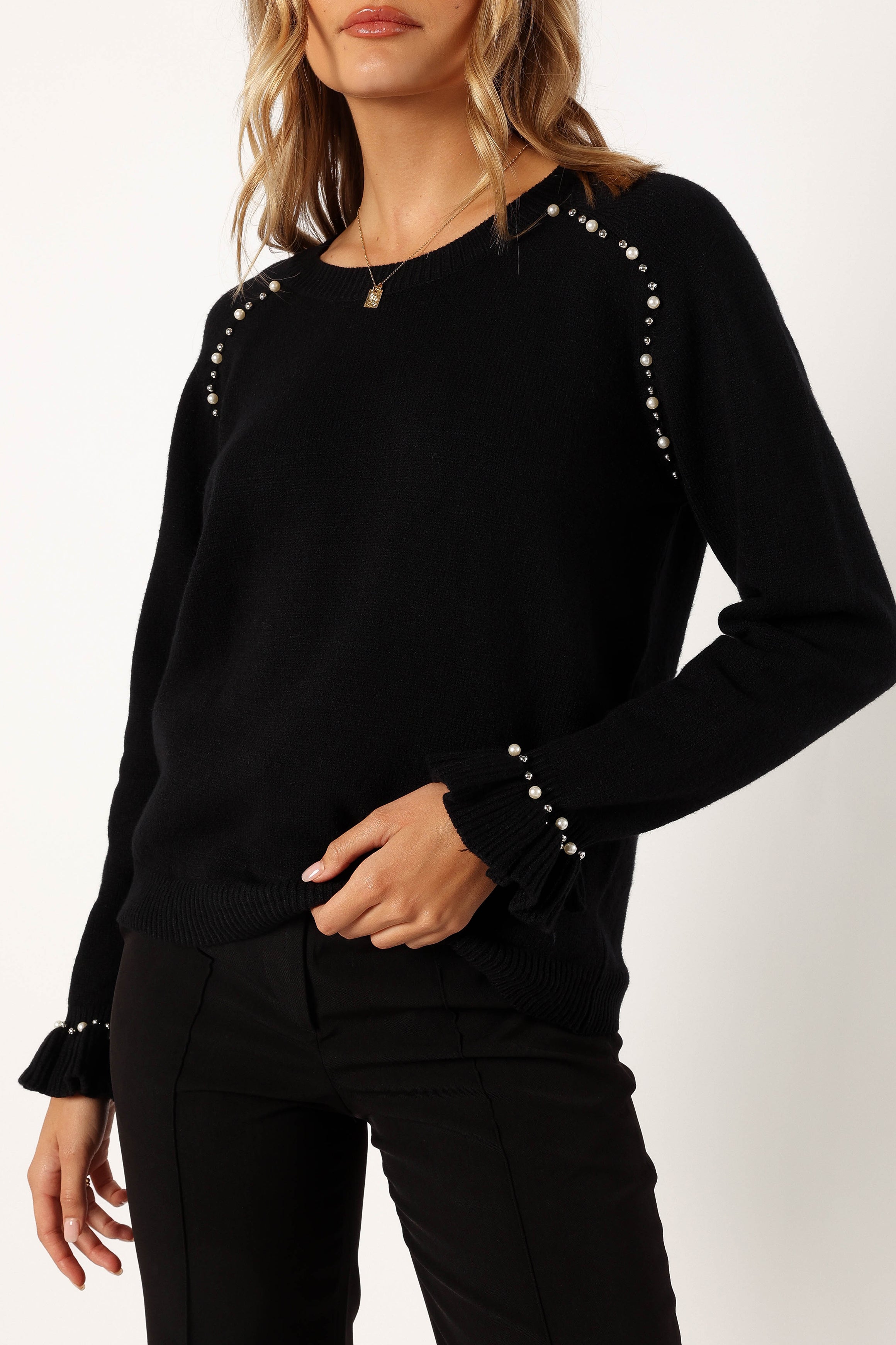 Blakely Pearl Detail Knit Sweater for Women - Soft & Stylish Black Pullover | Perfect for Fall, Winter & Casual Outfits