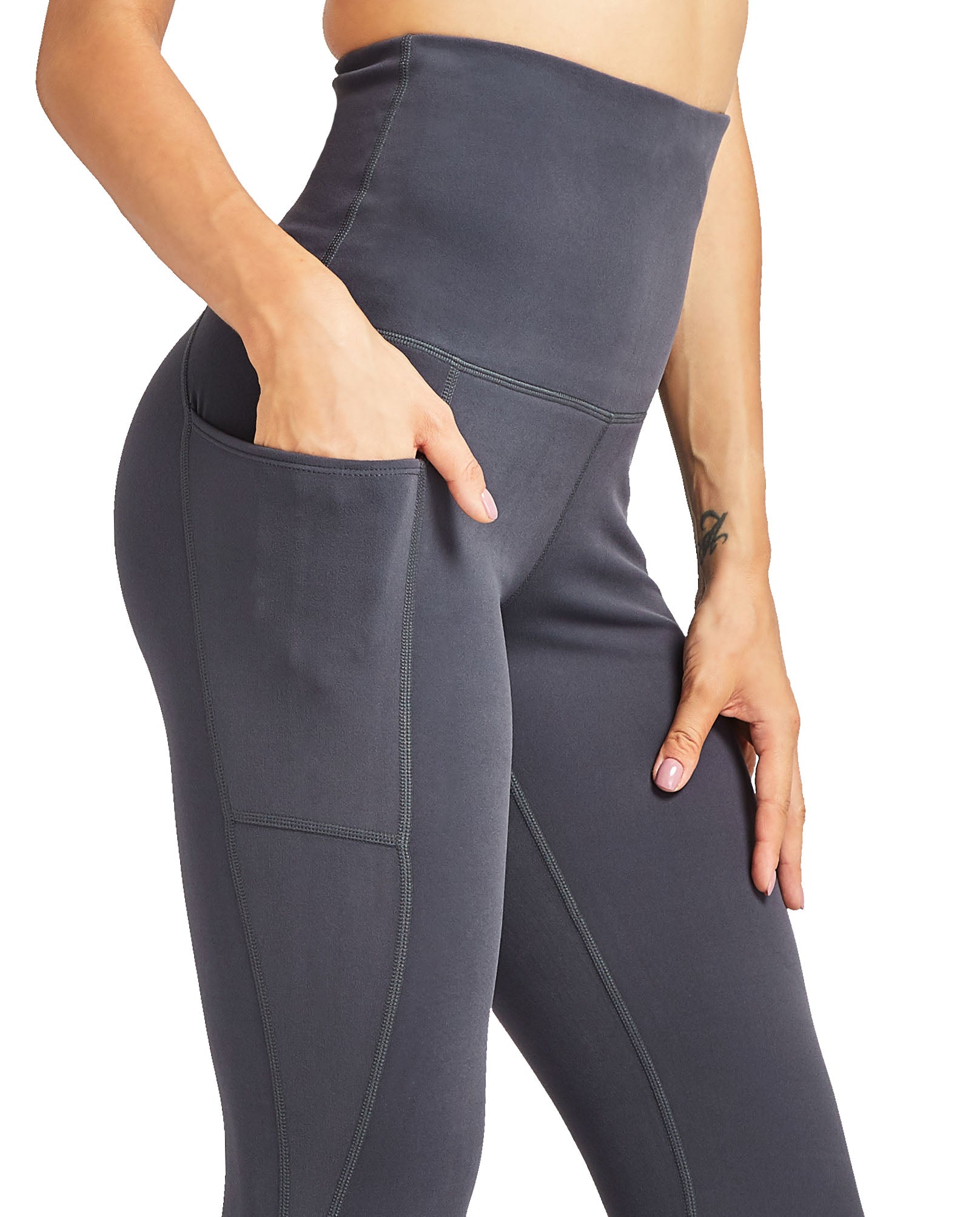 COOLOMG High Waisted Yoga Pants for Women with Side Pockets - Grey & Navy Blue - Perfect for Workouts, Yoga, Running and Lounge Wear