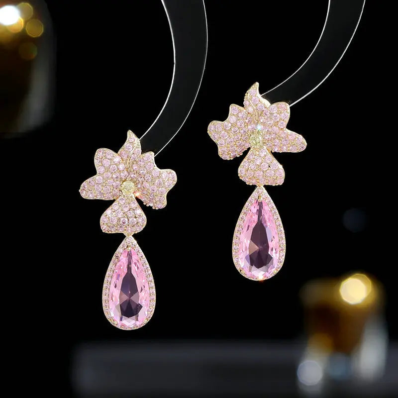 Luxury Cubic Zirconia Waterdrop Flower Earrings for Women - Elegant Bridal Wedding Jewelry, Banquet Party Dress Accessories - Perfect for Weddings, Proms, and Special Occasions