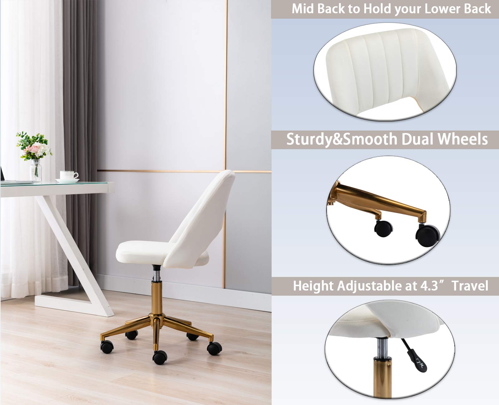 Velvet Office Desk Chair with Wheels - Mid Back Modern Home Office Chair, Small and Cute for Bedroom, White with Gold Base - Perfect for Home Office, Study, Dorm Room, and Small Spaces