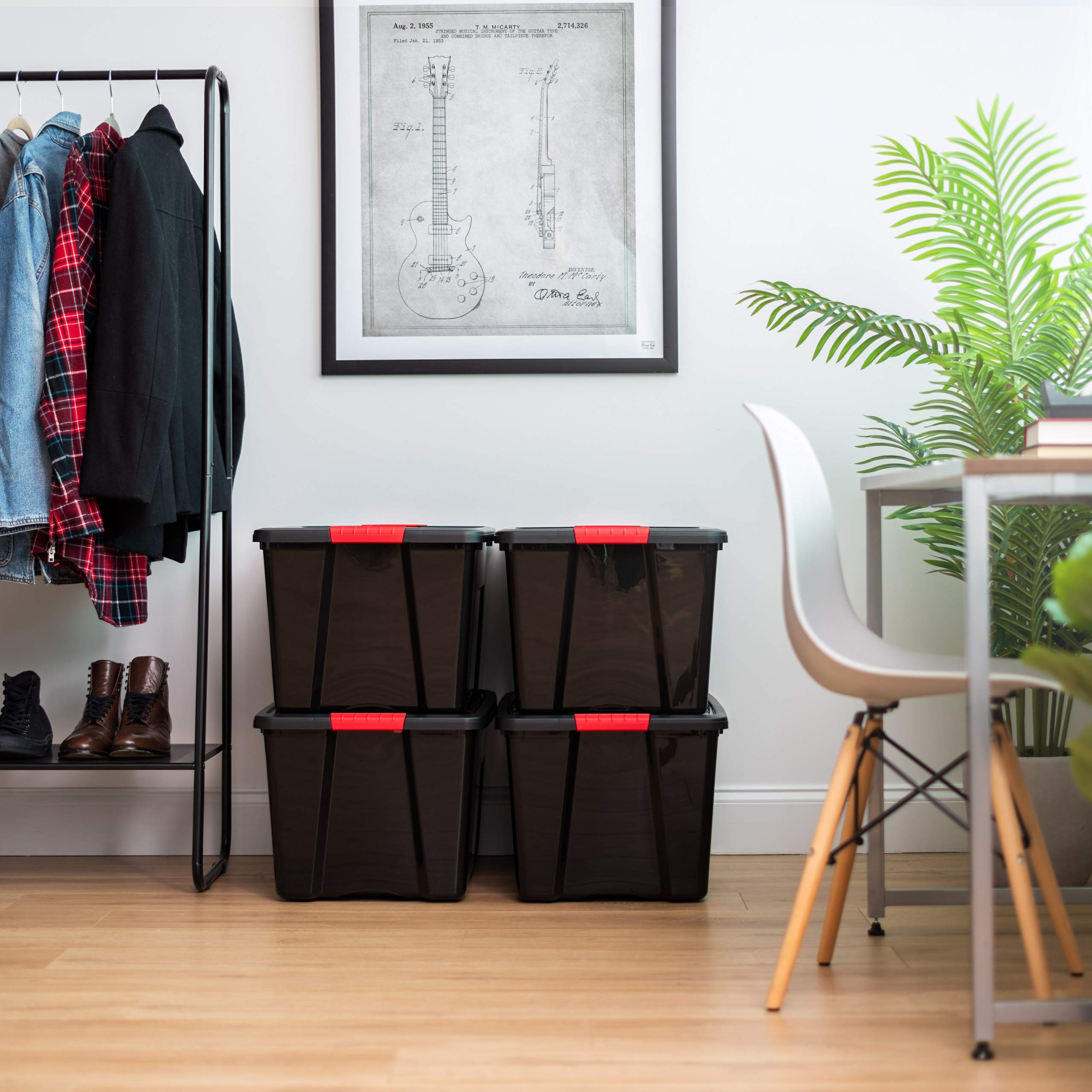 IRIS USA 72 Qt Stackable Plastic Storage Bins with Lids, 4 Pack - BPA-Free, Made in USA - Durable Nestable Containers for Garage, Basement & Closet Organization - Secure Pull Handle & Latches - Black Storage Bins for Home, Office & Warehouse Use