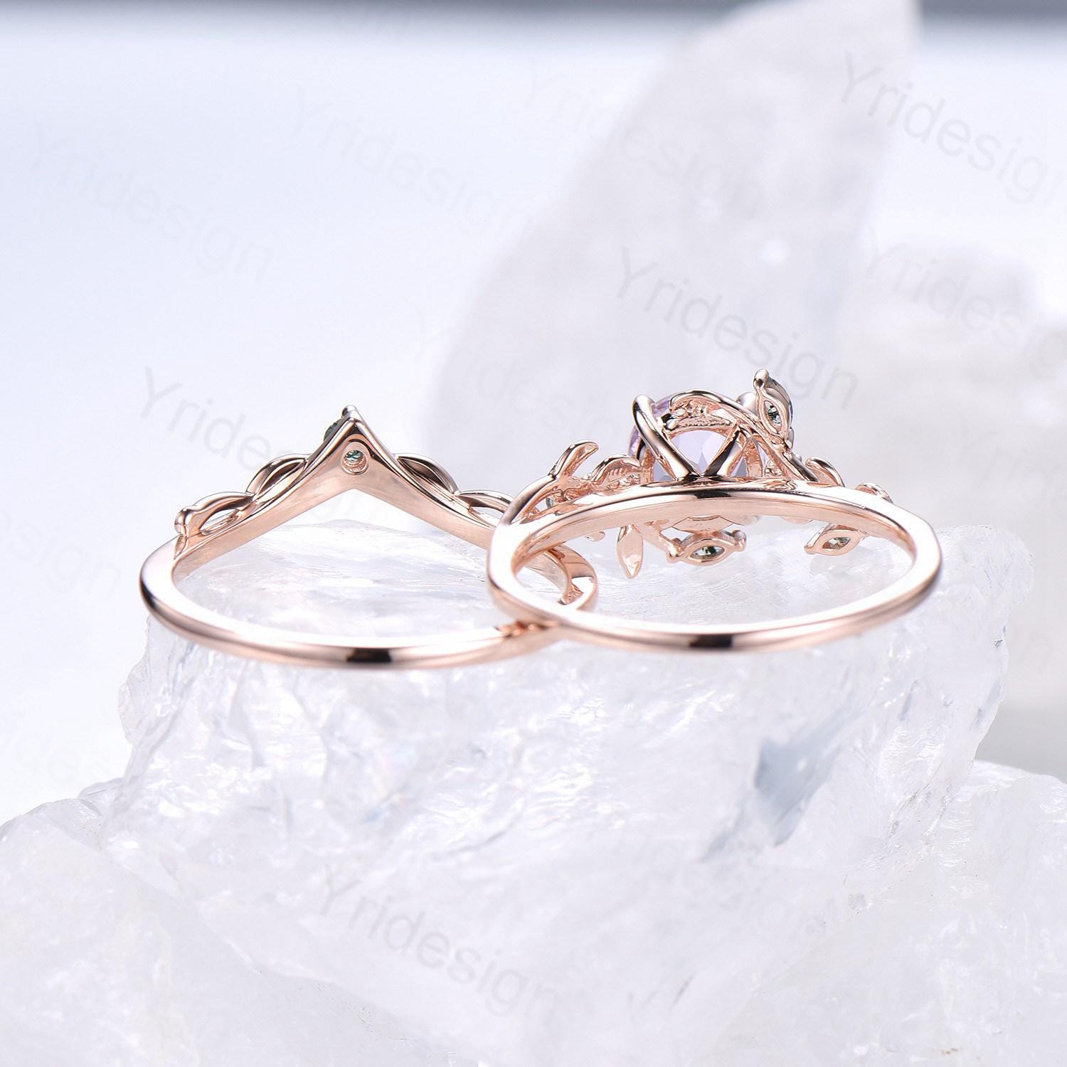 Lavender Amethyst & Green Moss Agate Engagement Ring Set - Rose Gold Stackable Wedding Bands for Women - Nature Inspired Jewelry for Bridal, Anniversary & Everyday Wear