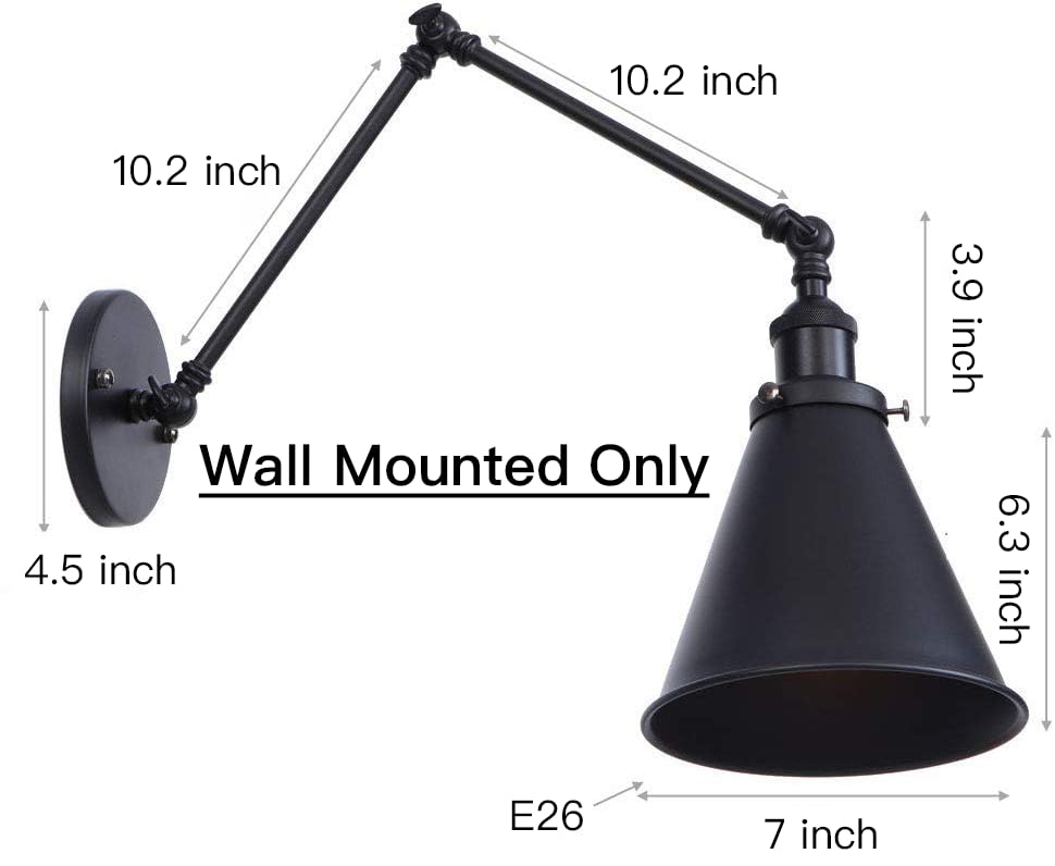 Black Industrial Wall Sconces - Adjustable Swing Arm Wall Mounted Lights, Farmhouse Style Wall Lamp with Hardwire (Set of 2) - Perfect for Living Room, Bedroom, and Hallway Lighting