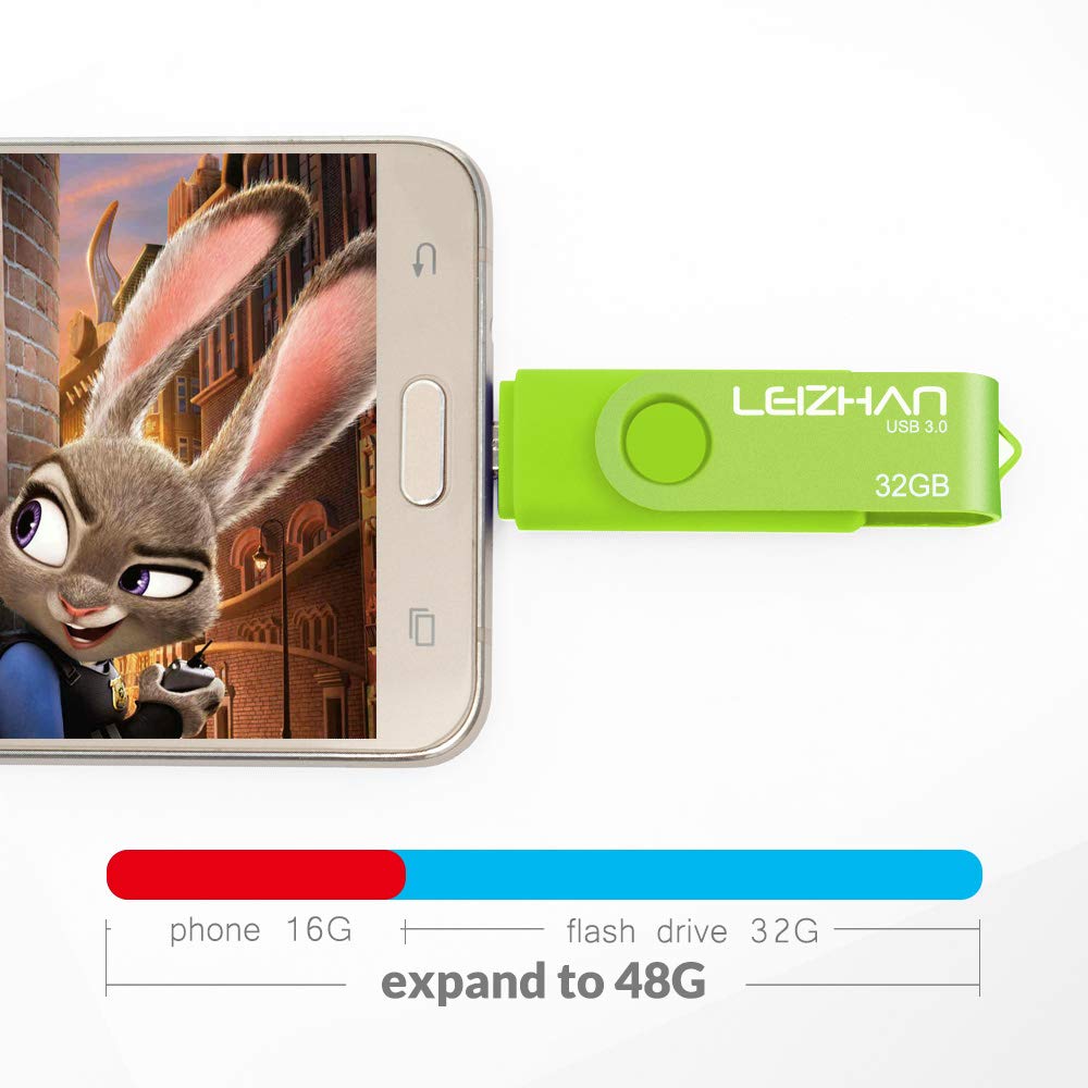 LEIZHAN 32GB USB 3.0 OTG Flash Drive - Dual Port for Android & PC - Green