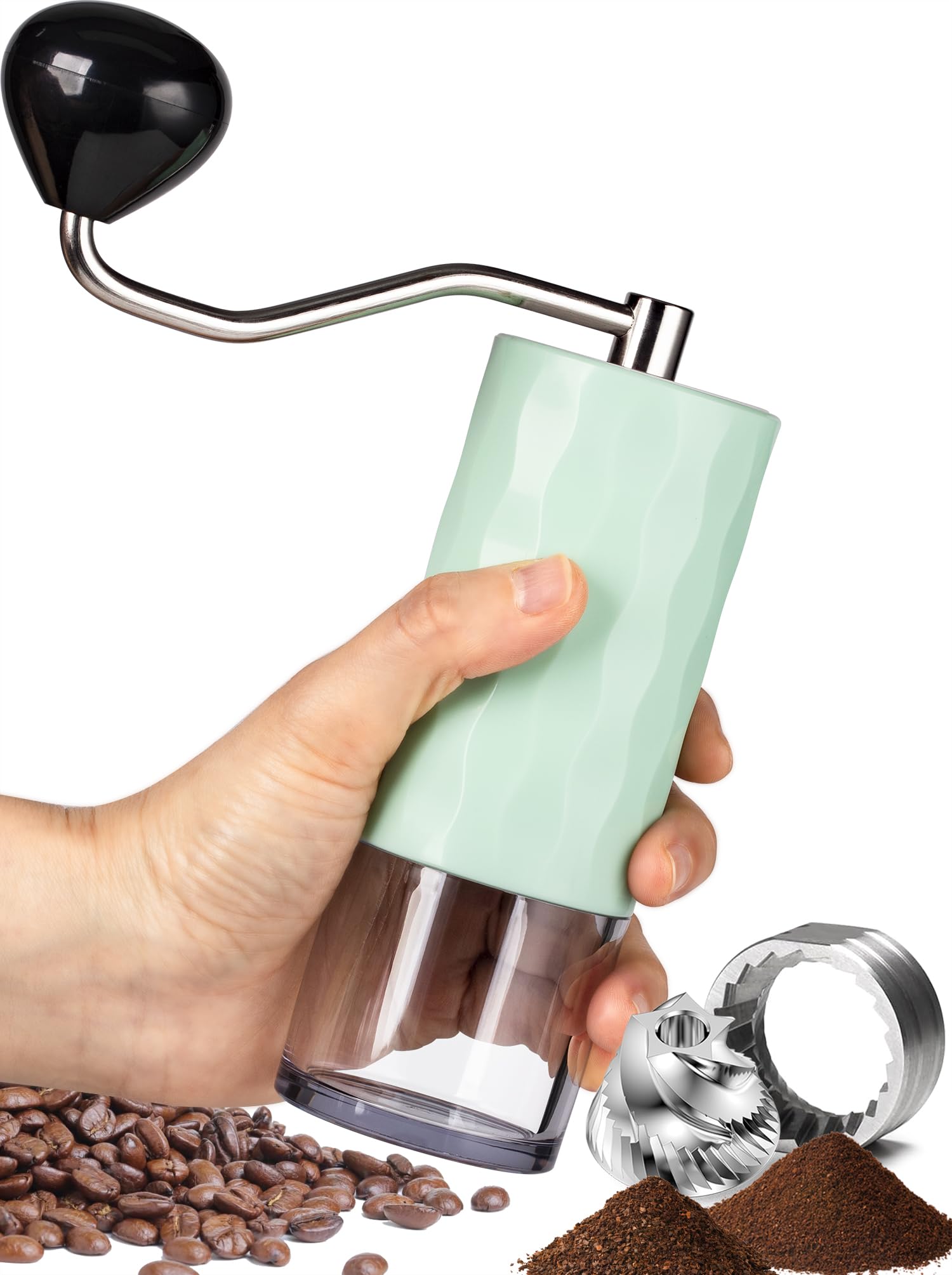 Premium Manual Stainless Steel Burr Coffee Grinder - Adjustable Fineness, Portable Hand Crank Mill for Espresso, Drip Coffee & French Press - Perfect for Camping, Travel, Hiking & Home Use - Ideal Gift (Pale Green)
