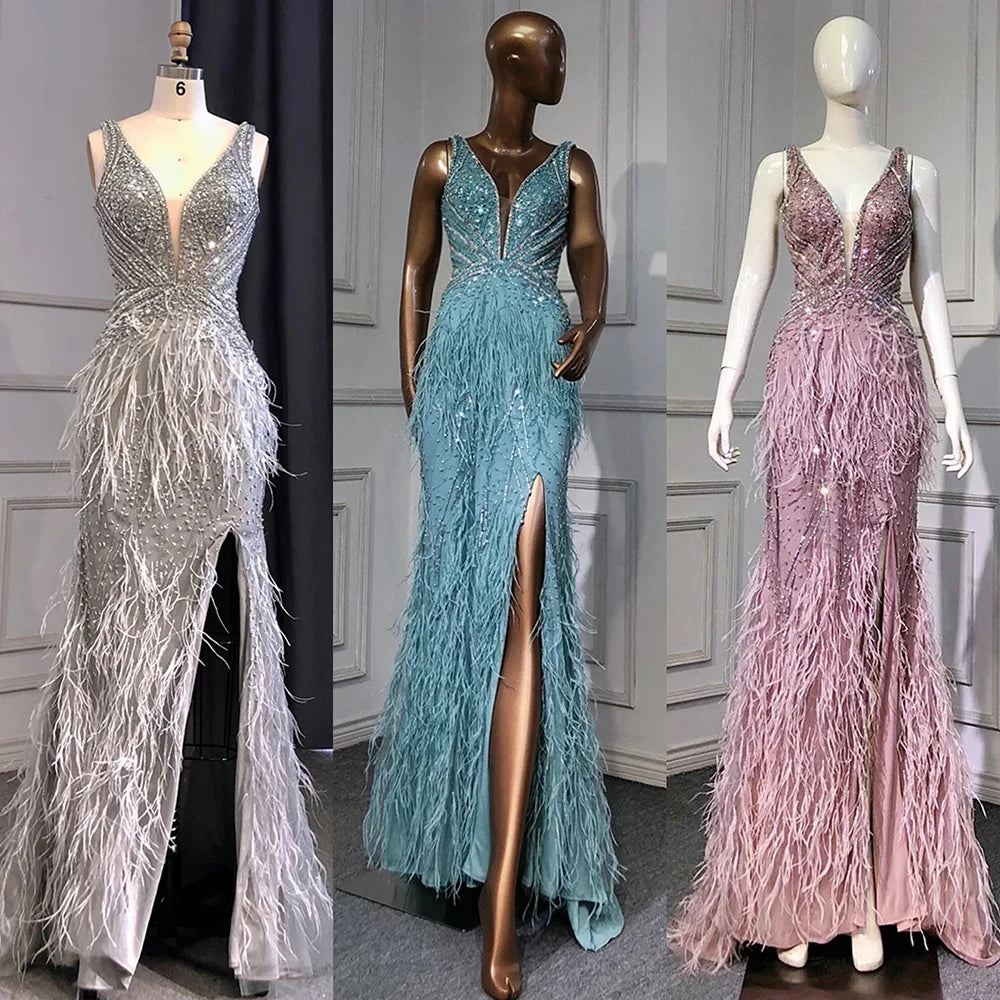 Elegant Gold Mermaid Evening Dress with High Slit & Feather Details - Backless Beaded Gown for Women - Perfect for Prom, Gala, and Red Carpet Events