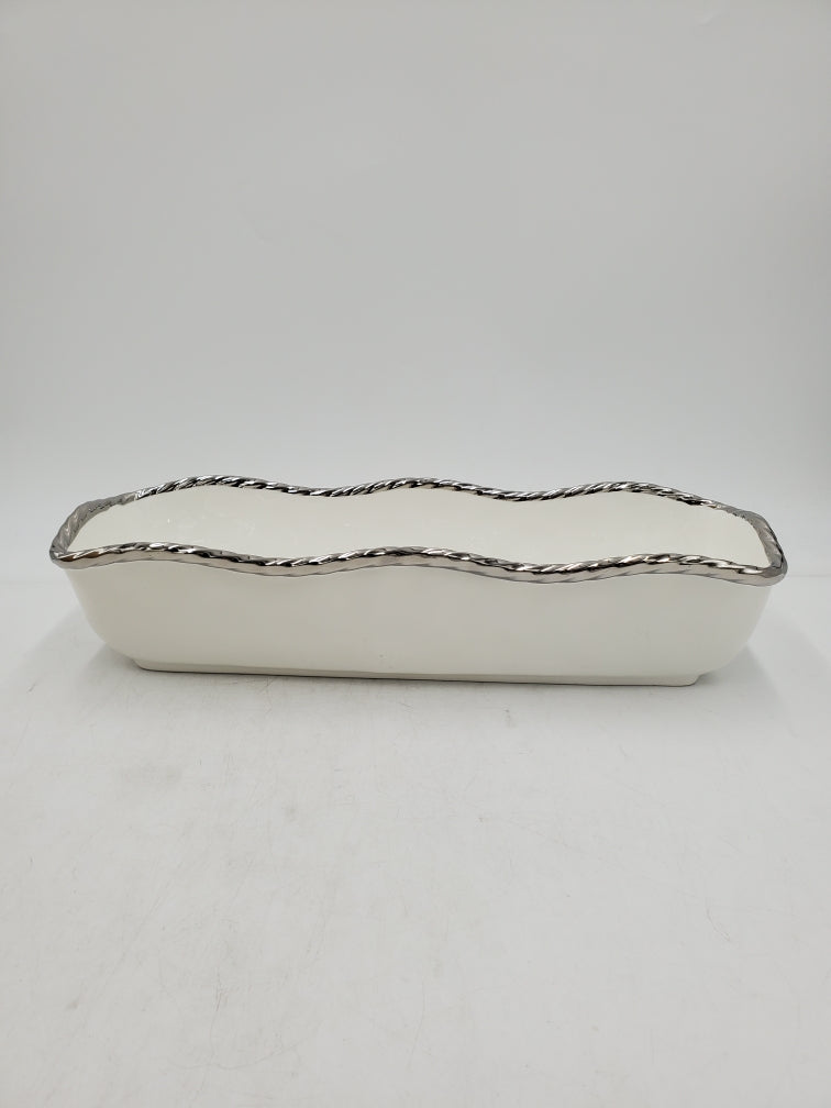 15x5.25 Inch Silver Rimmed Rectangular Serving Bowl - Perfect for Dining, Entertaining & Food Presentation