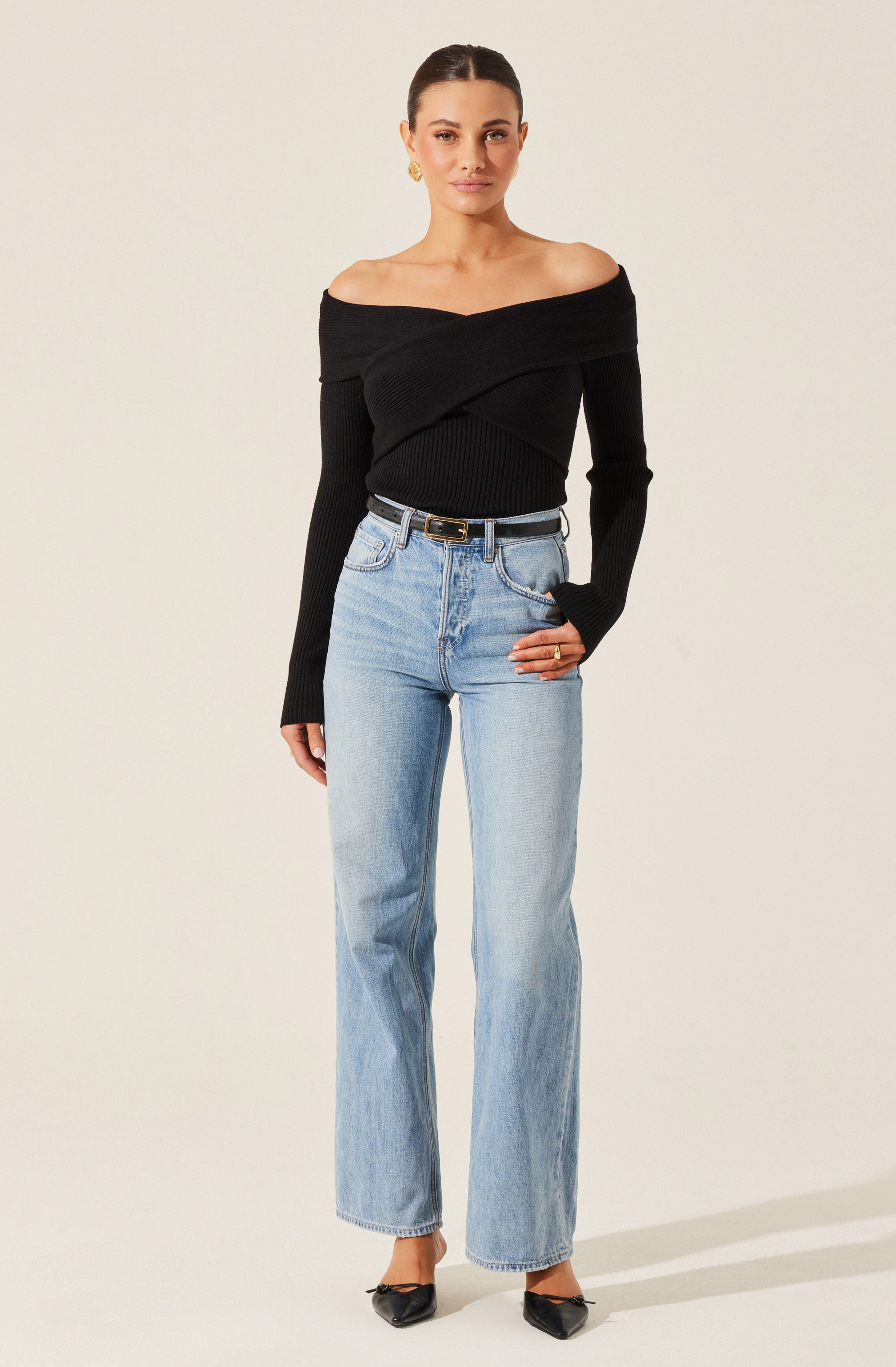 Off Shoulder Crossover Sweater Women's Fashion - Casual Knit Pullover for Fall & Winter - Perfect for Date Night, Office Wear & Weekend Outfits