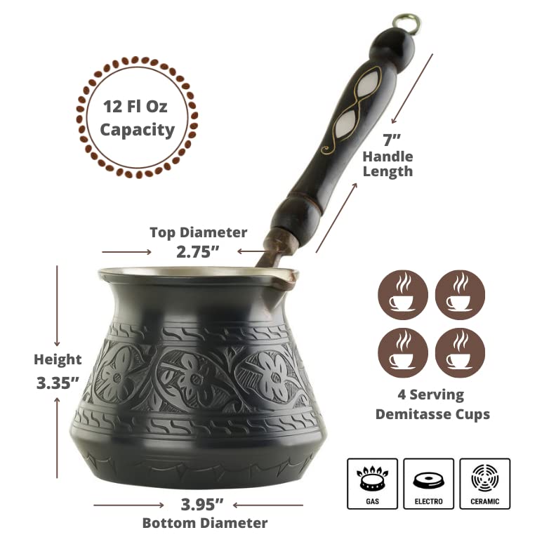 BCS 12 Oz Copper Turkish Greek Arabic Coffee Pot with Wooden Handle - Traditional Cezve Ibrik Briki Stovetop Coffee Maker for 4 Servings - Includes Free Wooden Spoon - Perfect for Home Brewing, Camping & Gift Giving