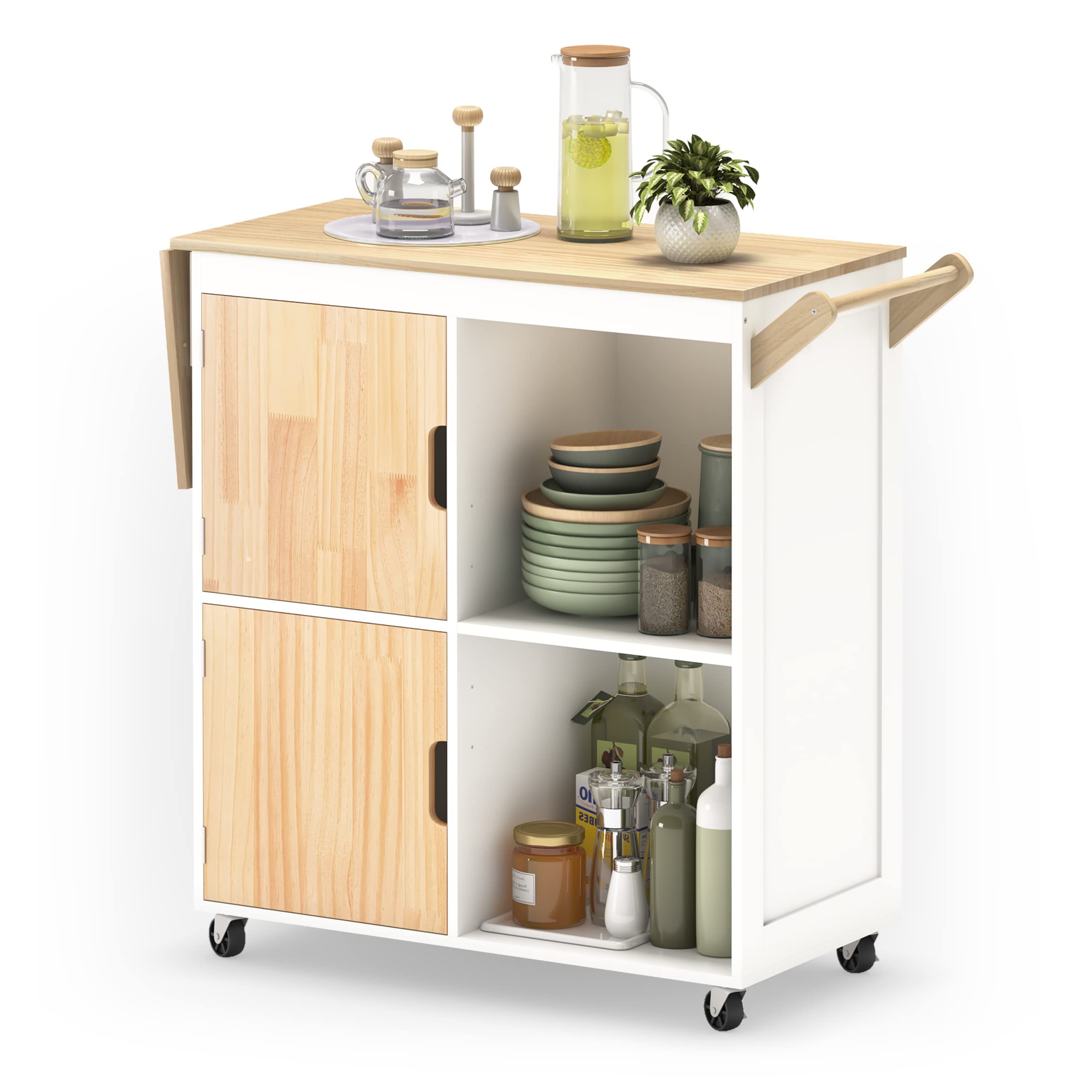 Usinso Rolling Kitchen Island with Drop Leaf Countertop - Mobile Kitchen Storage Cabinet with Handle Racks & Locking Casters - White Kitchen Cart for Small Spaces, Bar Liquor Storage & Dining Prep Station