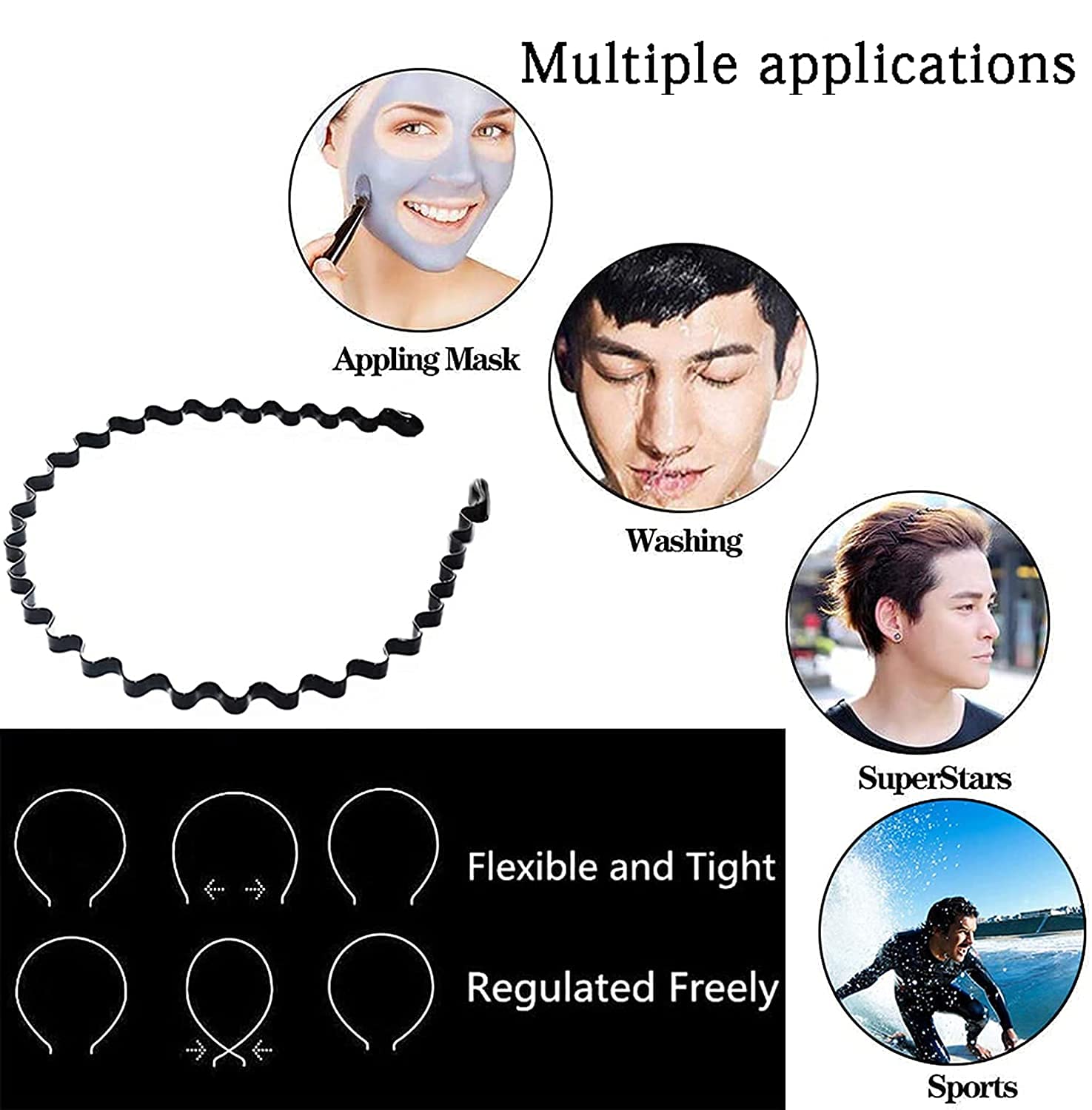 Fameza Elastic Wavy Spring Wave Hair Band - 6 Pack Black Non-Slip Metal Hair Hoop for Women & Men | Unisex Sport & Fashion Hair Accessories | Perfect for Workouts, Yoga, Running & Daily Styling