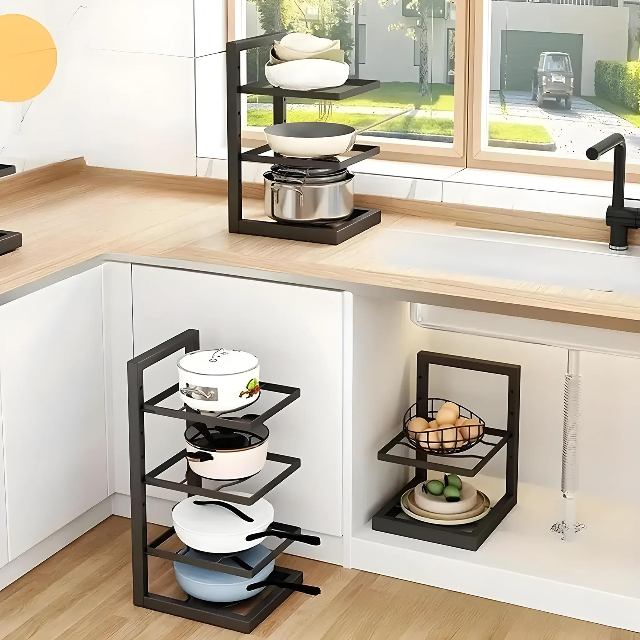 Kuber Industries 2-Layer Pots and Pans Organizer Rack - Adjustable Kitchen Storage for Cookware & Lids - Space Saving Cabinet Shelf Organizer - Perfect for Small Kitchens & Closet Organization (Black)
