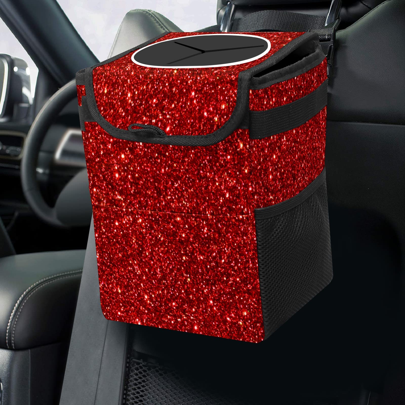 FCZ Red Glitter Sequins Car Trash Can with Lid - Leak-Proof Hanging Auto Garbage Bag for Headrest | Collapsible & Portable Vehicle Trash Bin with Storage Mesh Pocket | Perfect for Road Trips, Commuting & Family Travel