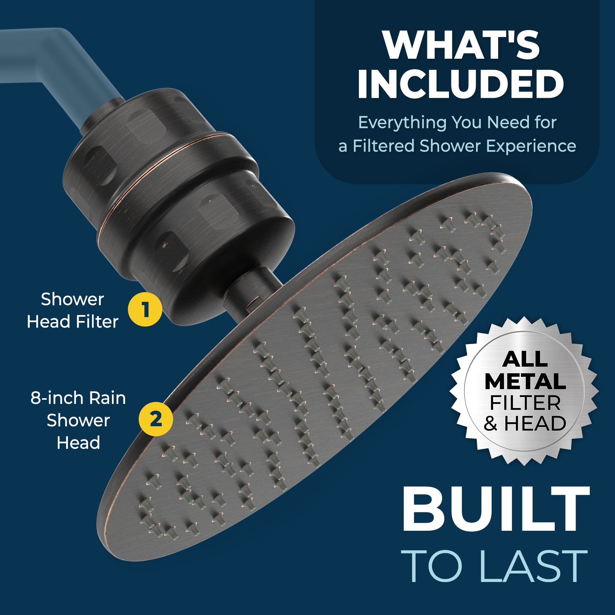 Premium 8 Inch All Metal Filtered Rain Shower Head - 1.75 GPM Water Saving Design - Perfect for Luxurious Spa-Like Bathroom Experience & Hard Water Areas
