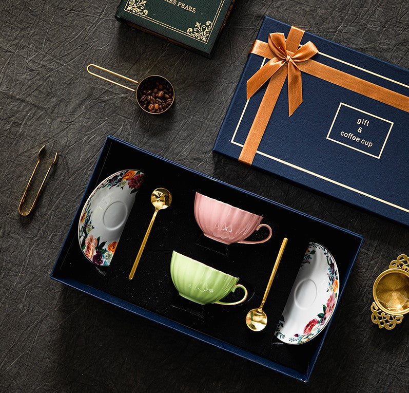 Elegant British Bone China Tea Cup and Saucer Set - Porcelain Coffee Cups with Gift Box - Perfect for Afternoon Tea, Bridal Shower & Home Decor