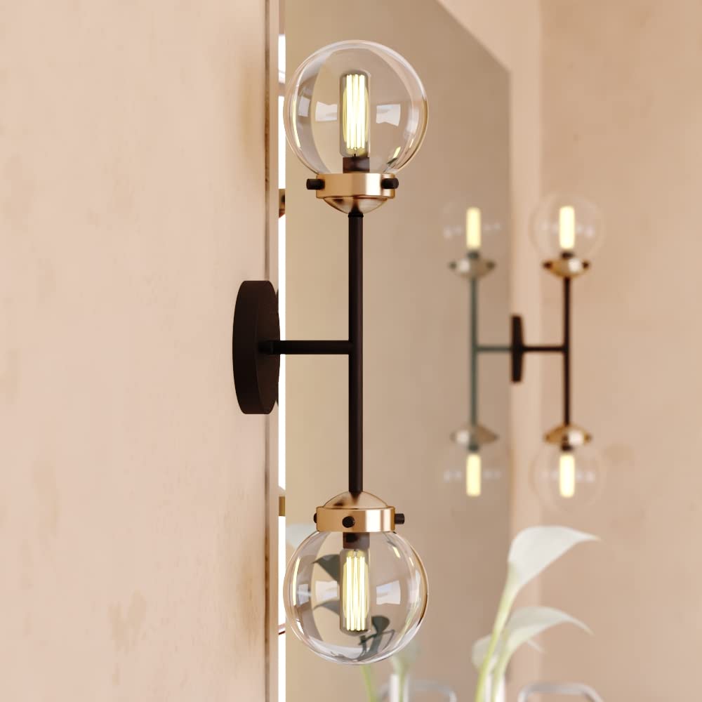 VAXCEL Orbit 2 Light Wall Sconce - Industrial Modern Brass & Oil Rubbed Bronze Fixture with Clear Glass Globe - Perfect for Bedroom, Living Room, and Hallway Lighting