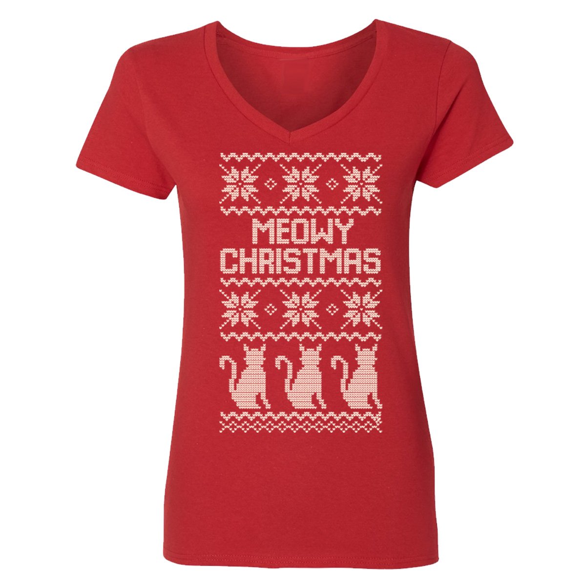 Meowy Christmas Cat V-Neck T-Shirt for Women - Festive Xmas Cat Lover Tee - Soft V-Neck Holiday Shirt for Christmas Parties & Gifts