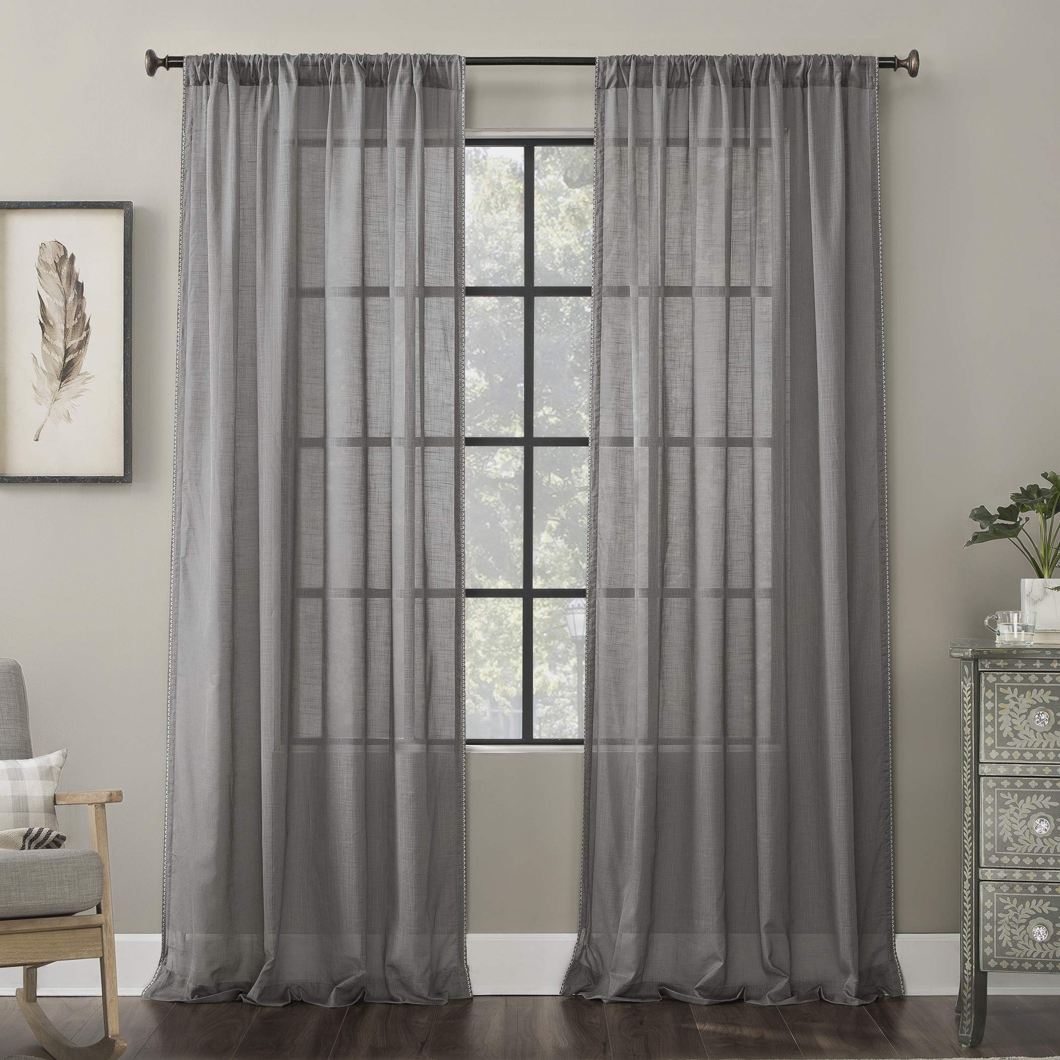 Archaeo Embroidered Border Cotton Blend Sheer Window Curtains 50x96 Inches - Light Gray for Living Room, Bedroom & Home Decor