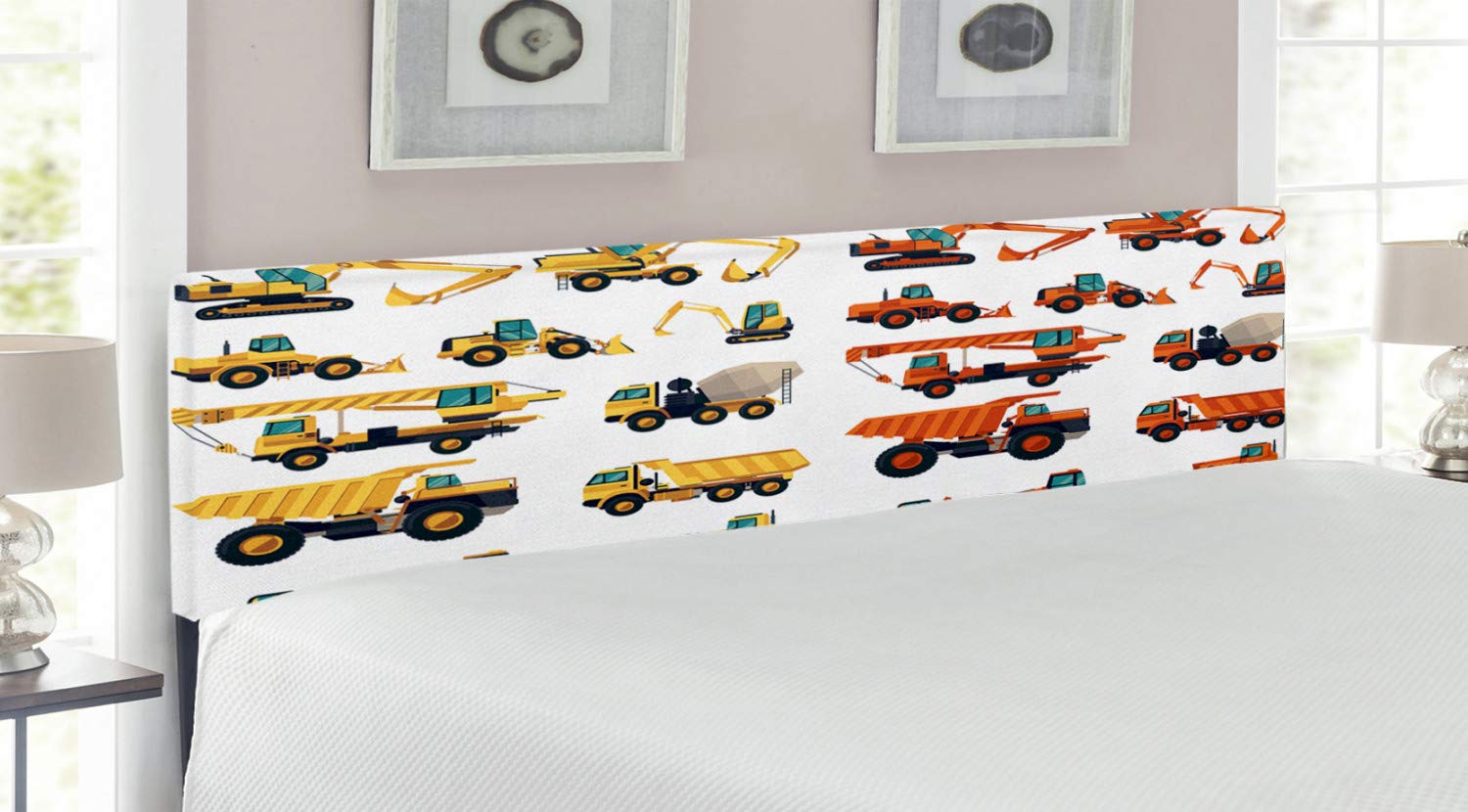 Ambesonne Construction Themed Upholstered Headboard - King Size, Memory Foam, Decorative Metal Bed Frame for Construction Machinery Enthusiasts | Perfect for Home & Office Decor, Man Cave, or Construction-Themed Bedroom
