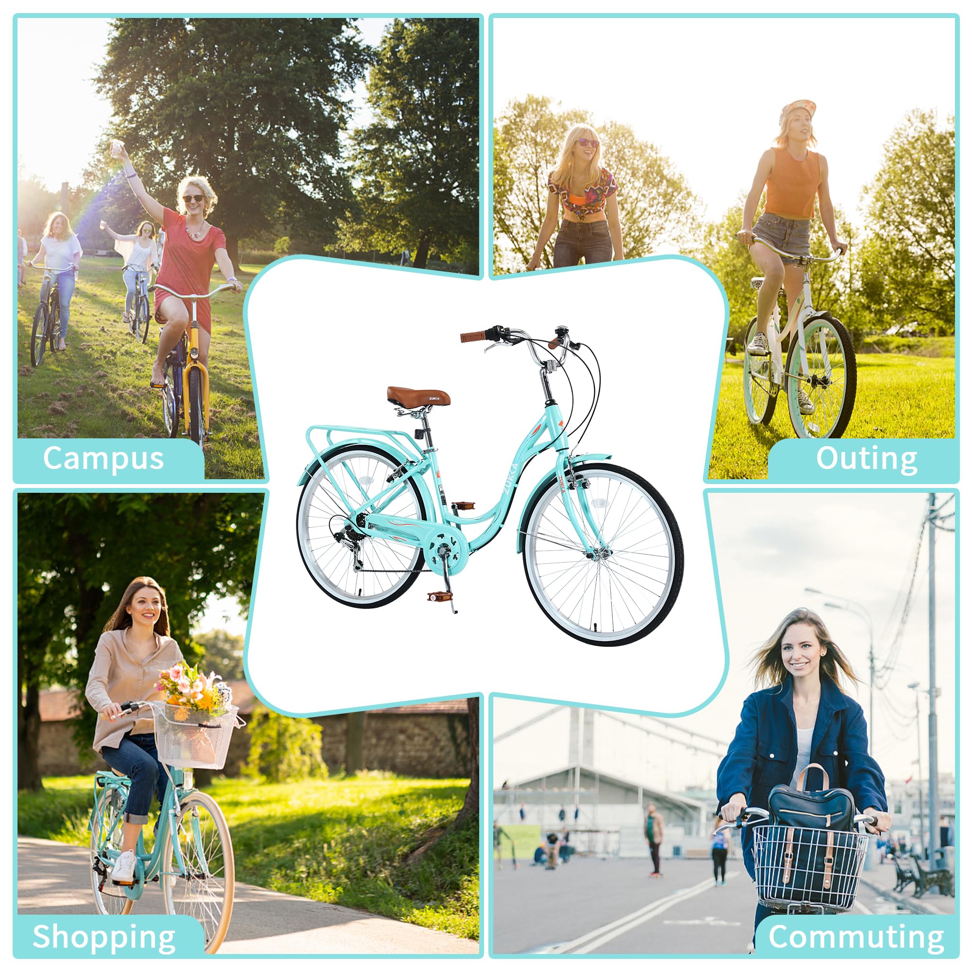 26 Inch Women's Beach Cruiser Bike - 7 Speed Commuter Bicycle with Adjustable Seat & Dual V-Brakes | Perfect for Coastal Rides, City Commuting & Leisure Cycling