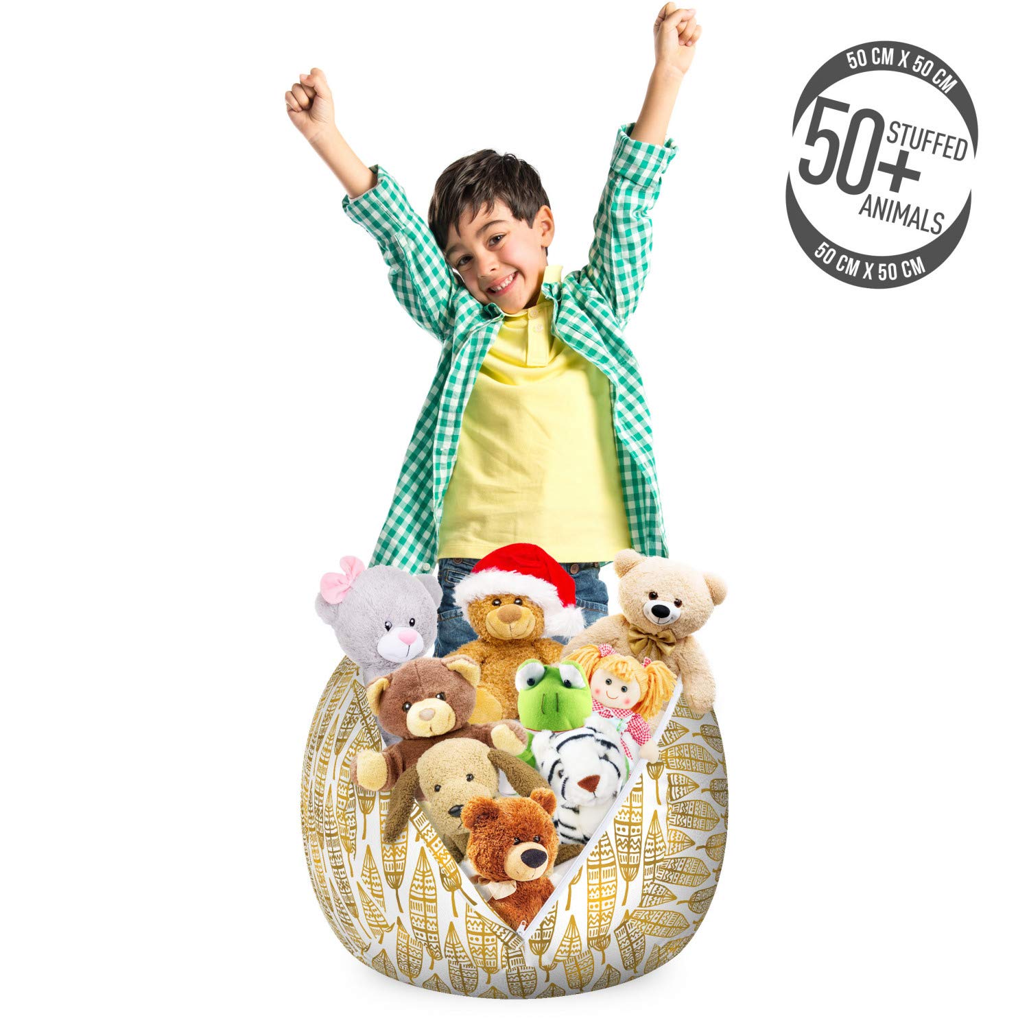 Ambesonne Feather Storage Toy Bag Chair - Boho Artwork Print Stuffed Animal Organizer, Washable Small Size in Amber Marigold & White | Kids Room Decor, Nursery Storage, Playroom Organization
