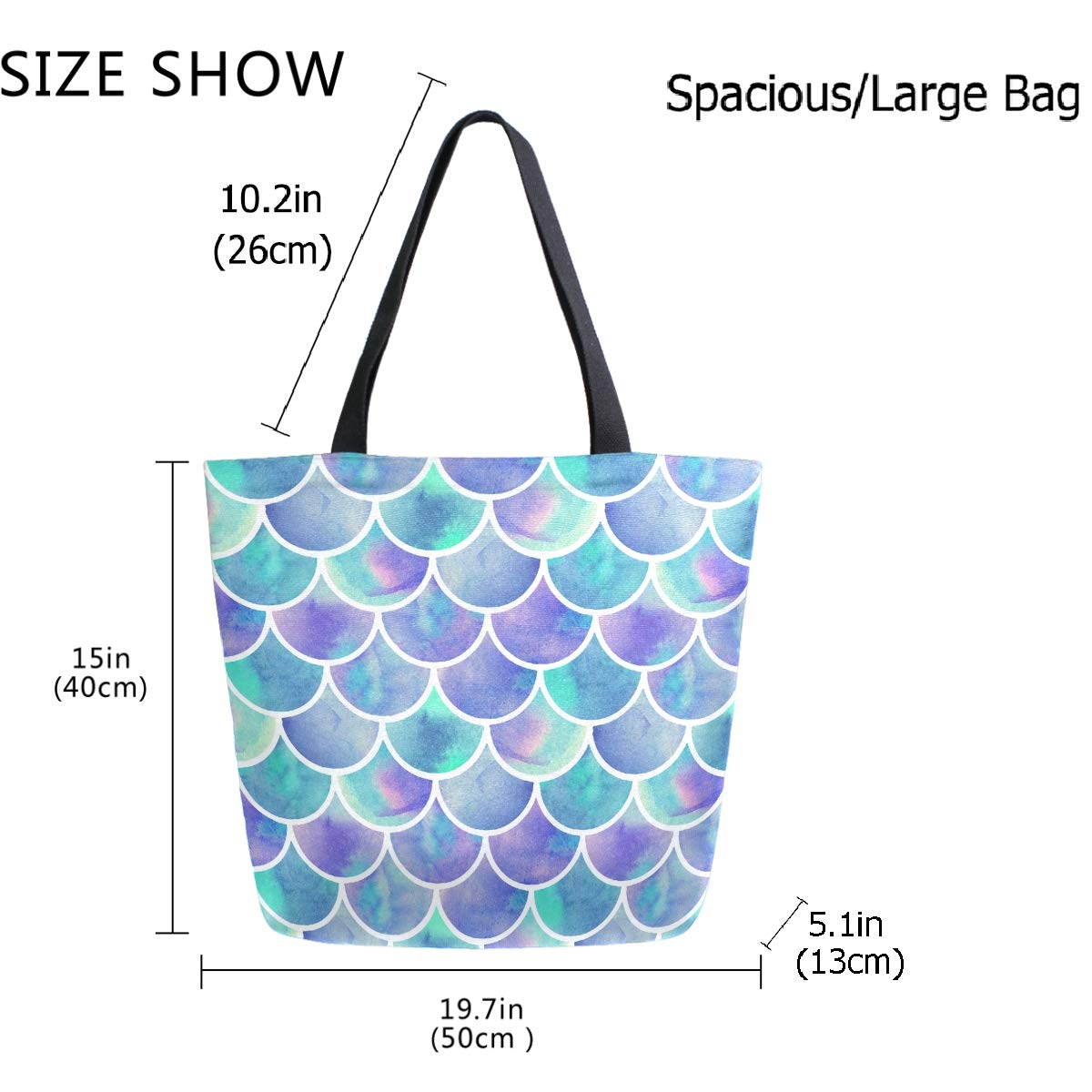 Extra Large Reusable Canvas Tote Bag - Rainbow Mermaid Scales Design for Grocery Shopping, Beach Travel & Market Use | Portable Storage Handbag for Women