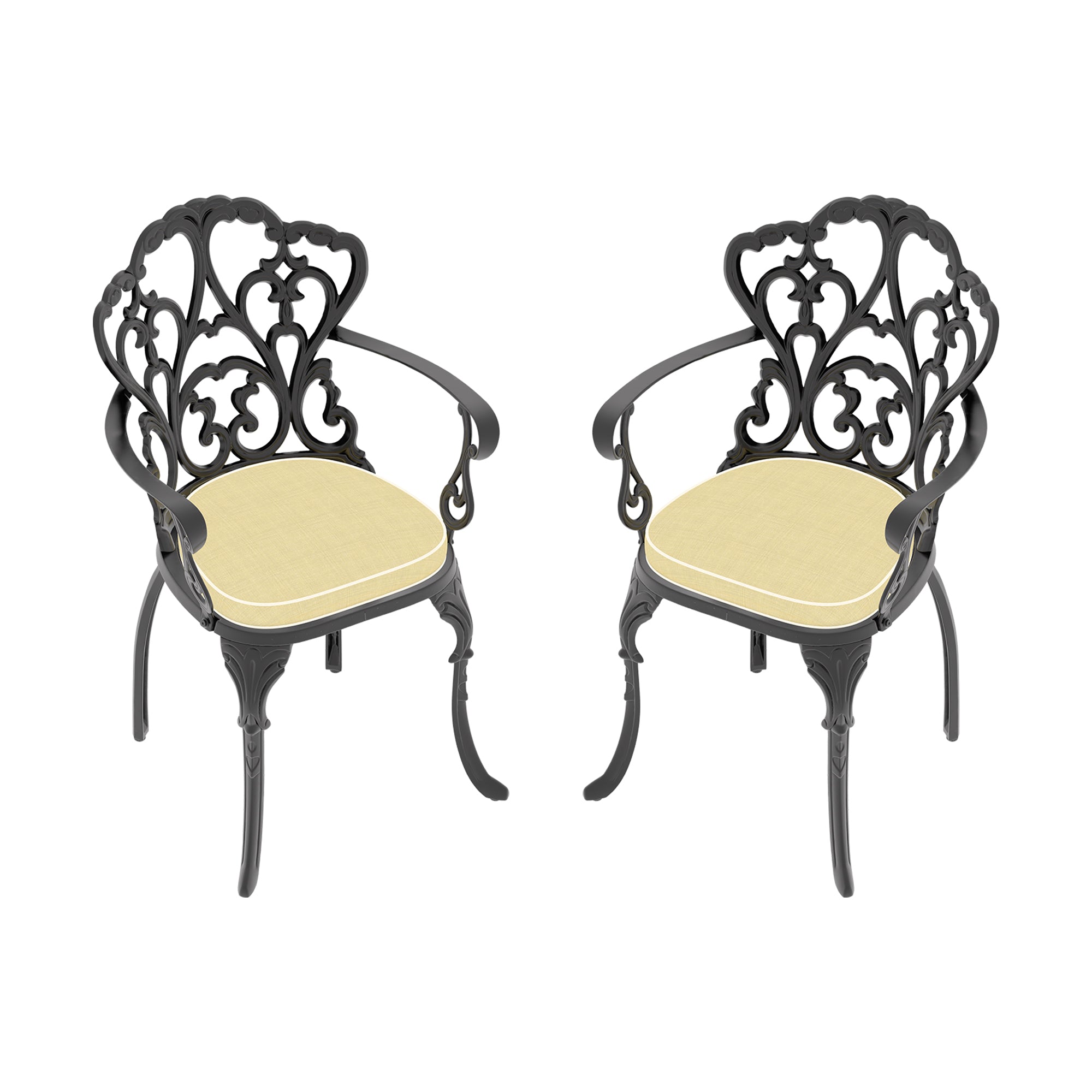 2-Pack Cast Aluminum Patio Dining Chairs with Black Frame & Cushions - Outdoor Garden, Poolside, Restaurant Furniture for Backyard, Deck, or Terrace
