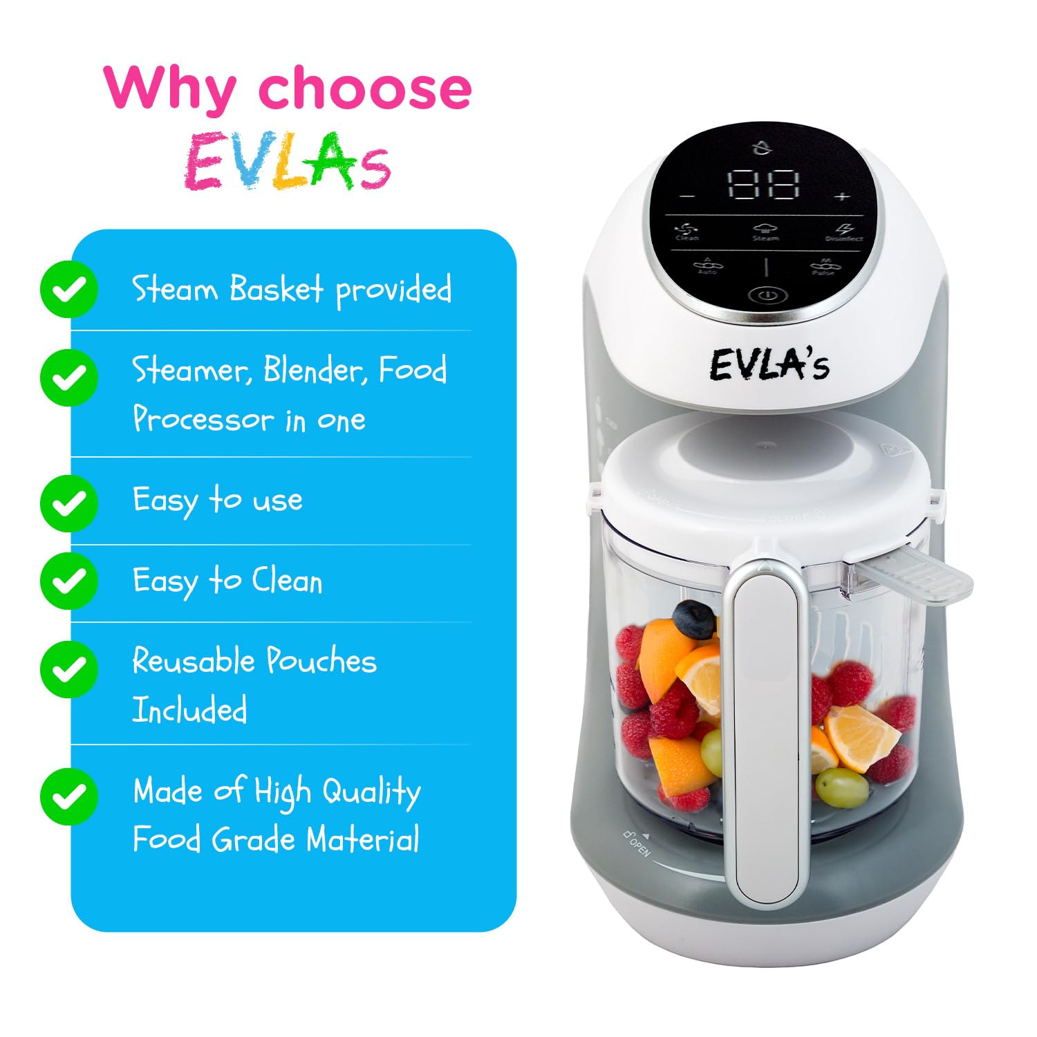 EVLA'S Baby Food Maker & Steamer Blender - 6-in-1 Baby Food Processor for Healthy Homemade Purees in Minutes | Touch Screen Control with 6 Reusable Food Pouches | Perfect Baby Shower Gift & Registry Essential | Ideal for Making Organic Baby Food at Home (White)