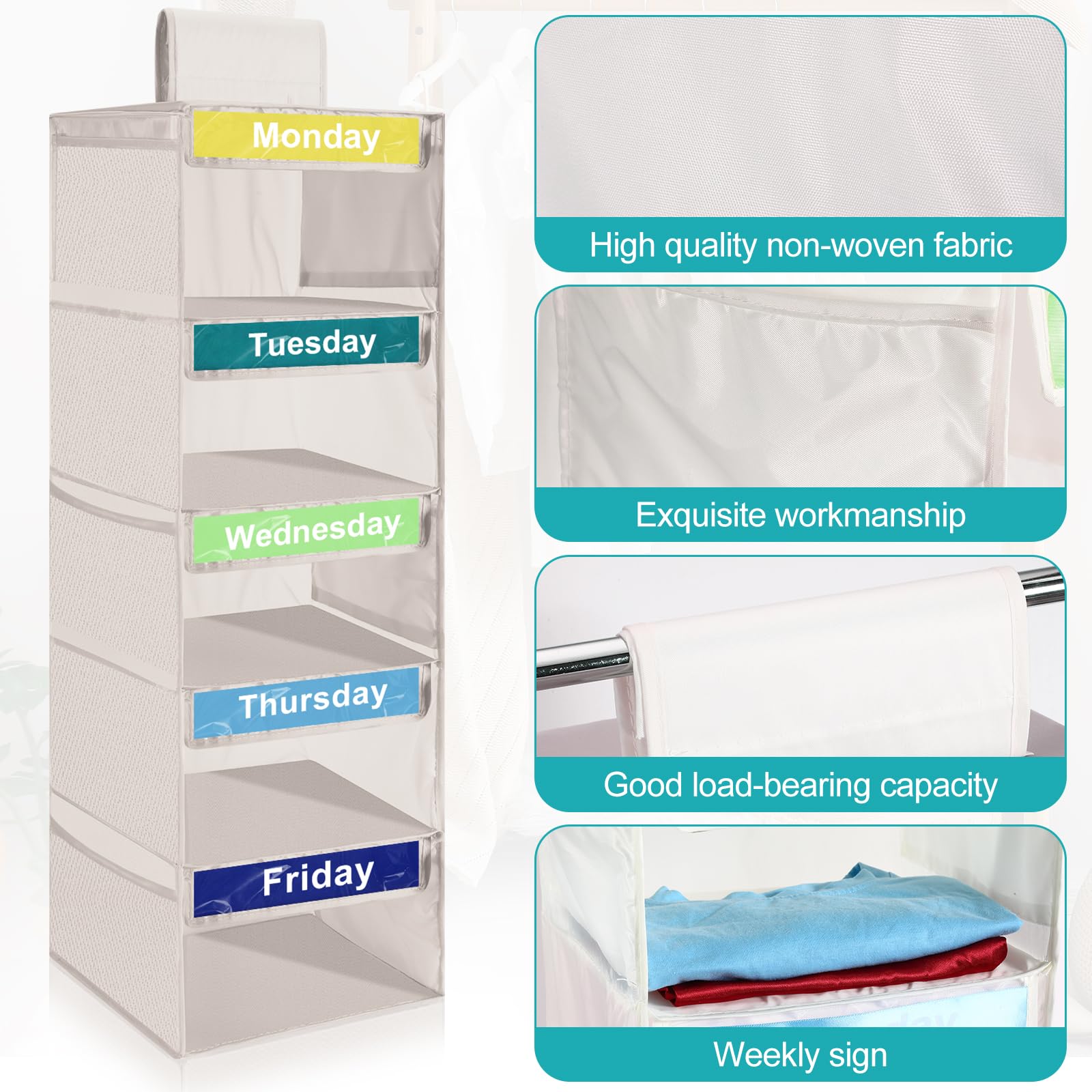 2 Pack Beige Collapsible Hanging Closet Organizers for Kids - Weekly Shelf Dividers for Clothes, Sweaters & Baseball Hats - Perfect for Dorm, Bedroom & Closet Storage (Space-Saving & Foldable)