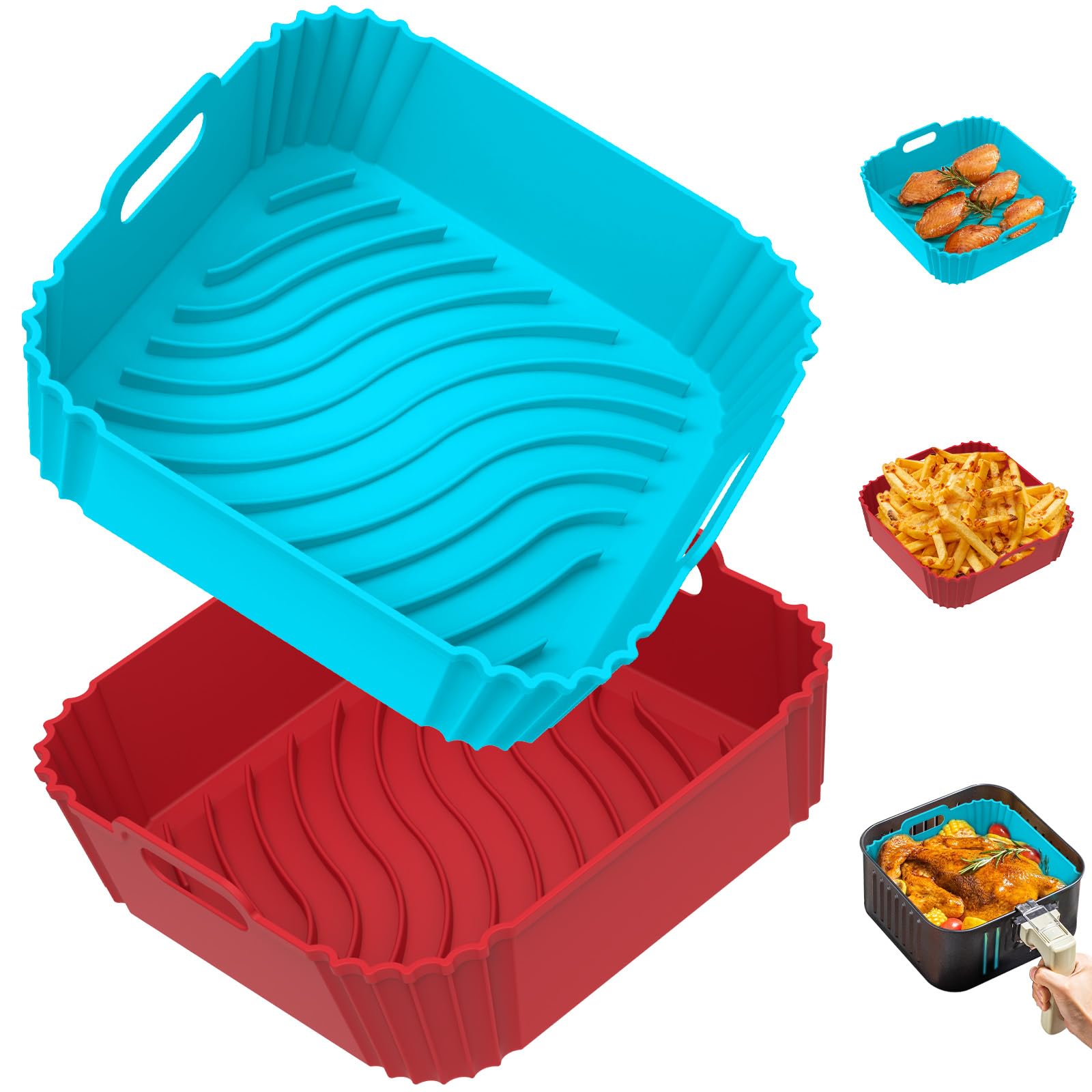 Redfly 2 Pack Reusable Square Silicone Air Fryer Liners for 4-5.5 QT - Non-Stick Baking Accessories Replacement for Parchment Paper (Red & Blue) - Perfect for Roasting, Baking, and Air Frying Vegetables, Meats, and Snacks