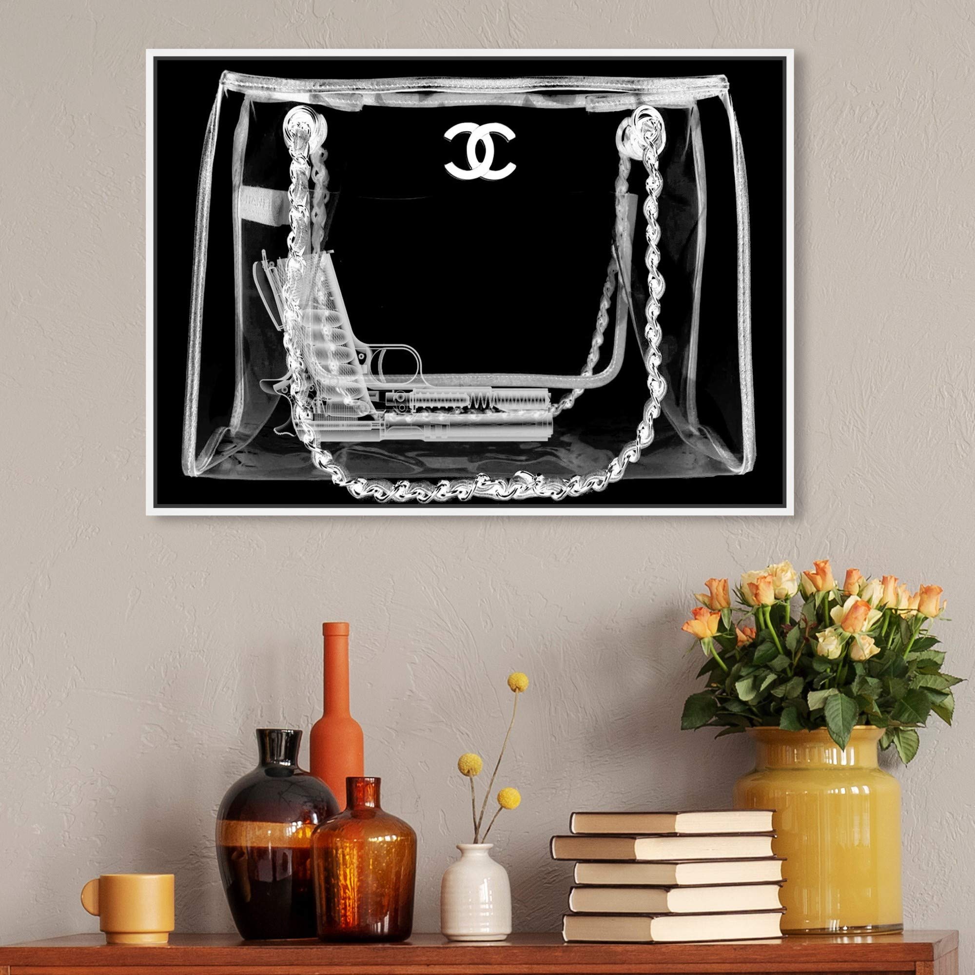 Oliver Gal Artist Co. 'Coveted Spy Bag Noir' Framed Wall Art - 30x20 Inch Fashion Canvas Print - Black & White Handbag Décor for Living Room, Bedroom & Office