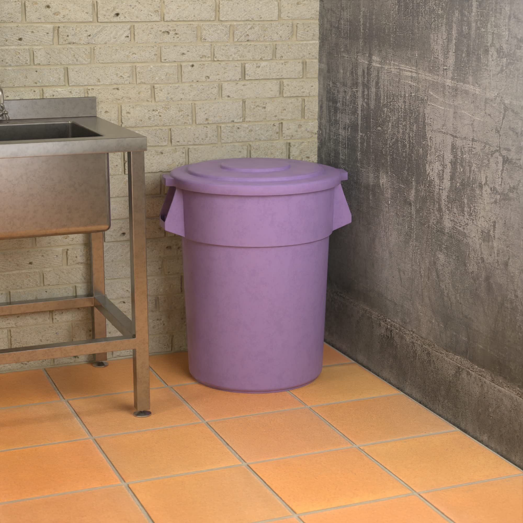 55 Gallon Purple Round Commercial Trash Can with Lid - Heavy Duty Waste Bin for Office, Restaurant & Outdoor Use